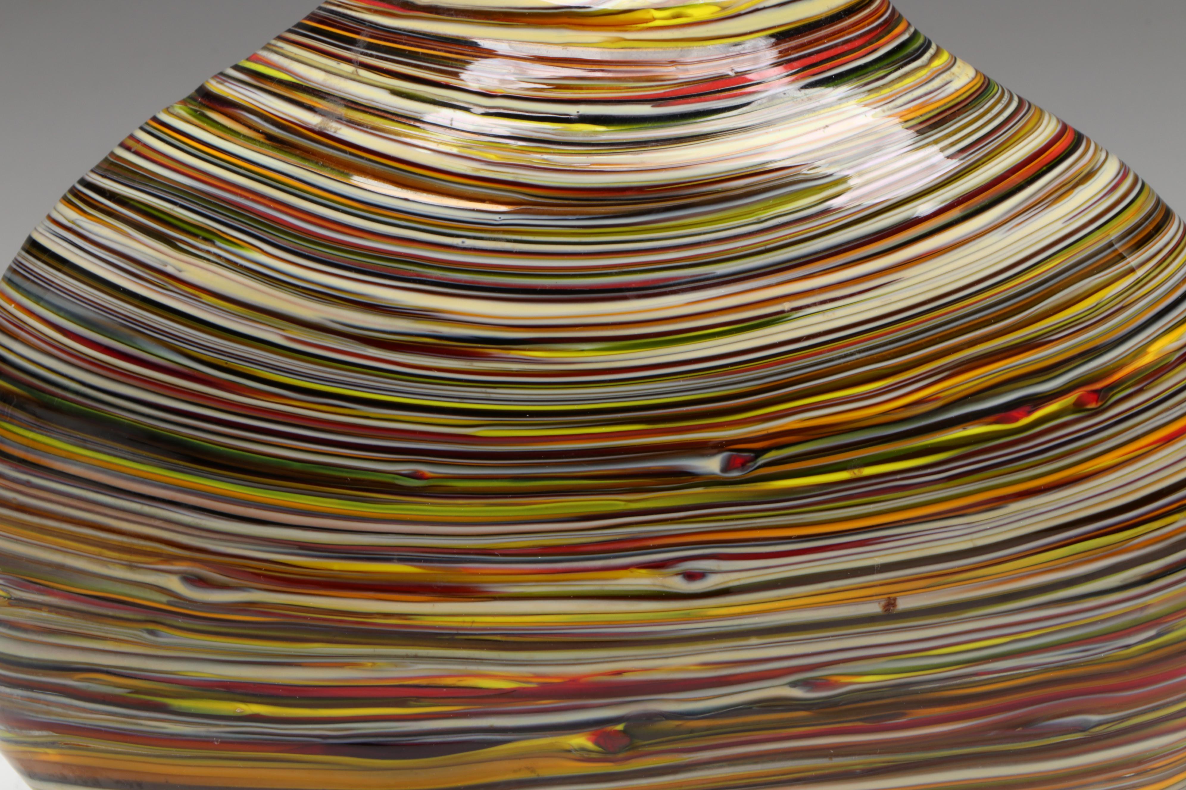 Caleb Siemon Striped Art Glass Vase with Heart-Shaped Cased Red Glass Vase