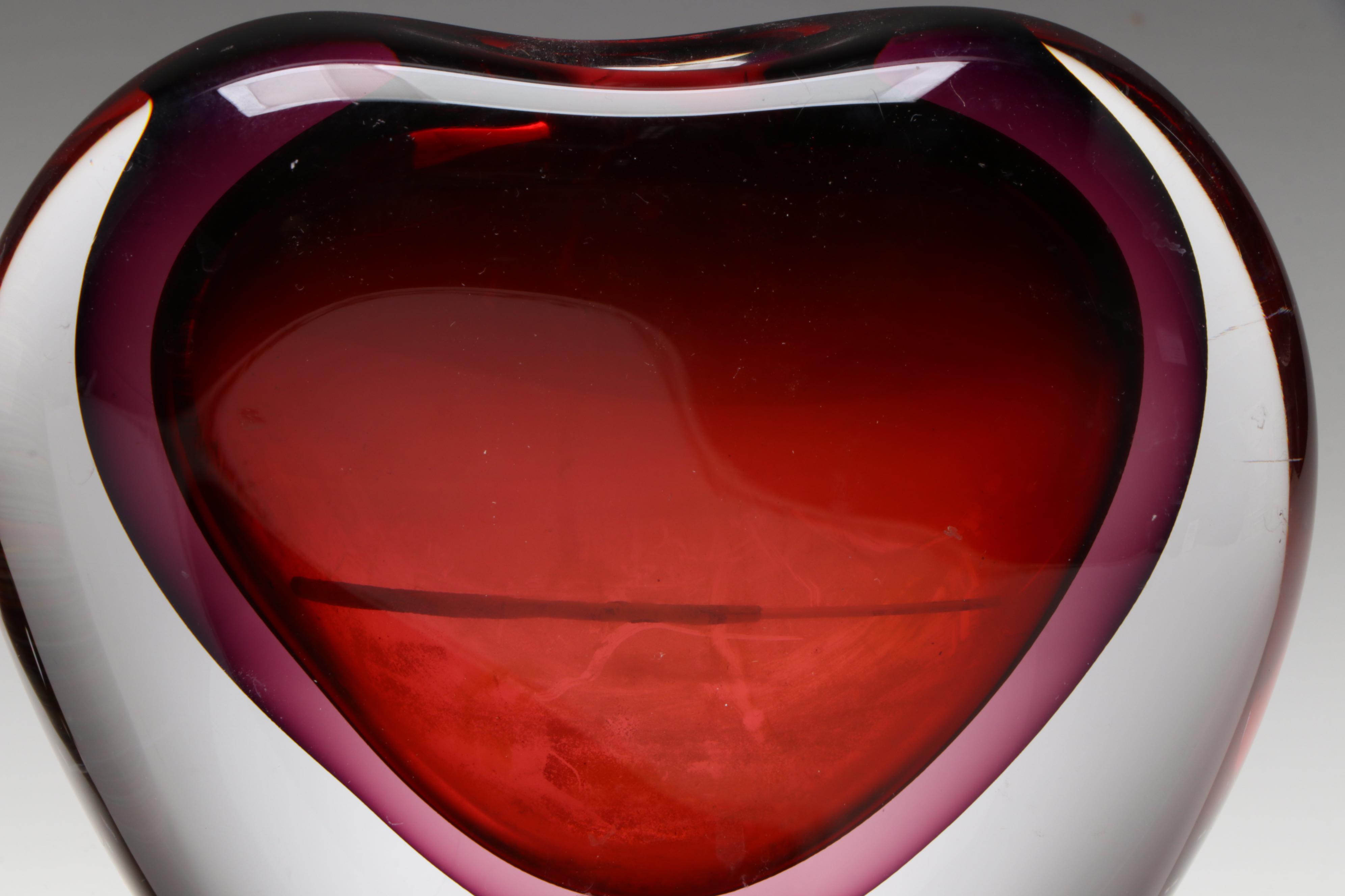 Caleb Siemon Striped Art Glass Vase with Heart-Shaped Cased Red Glass Vase