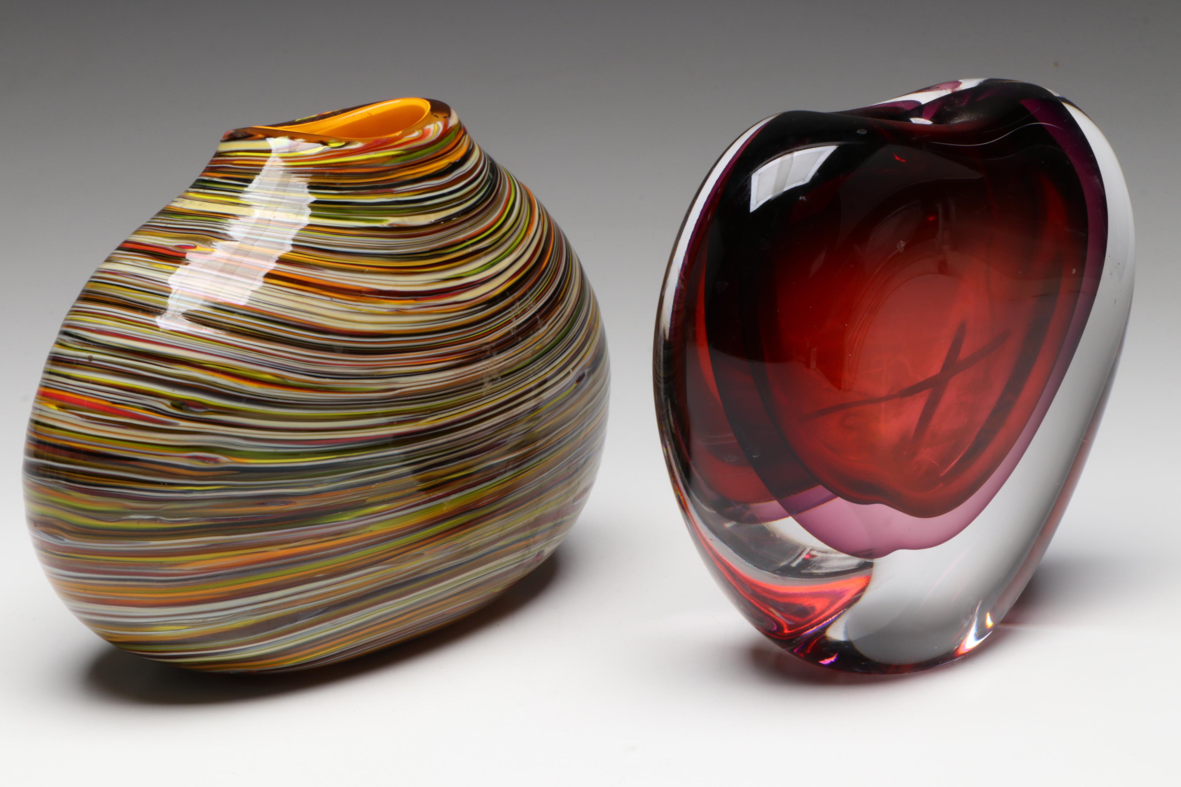 Caleb Siemon Striped Art Glass Vase with Heart-Shaped Cased Red Glass Vase