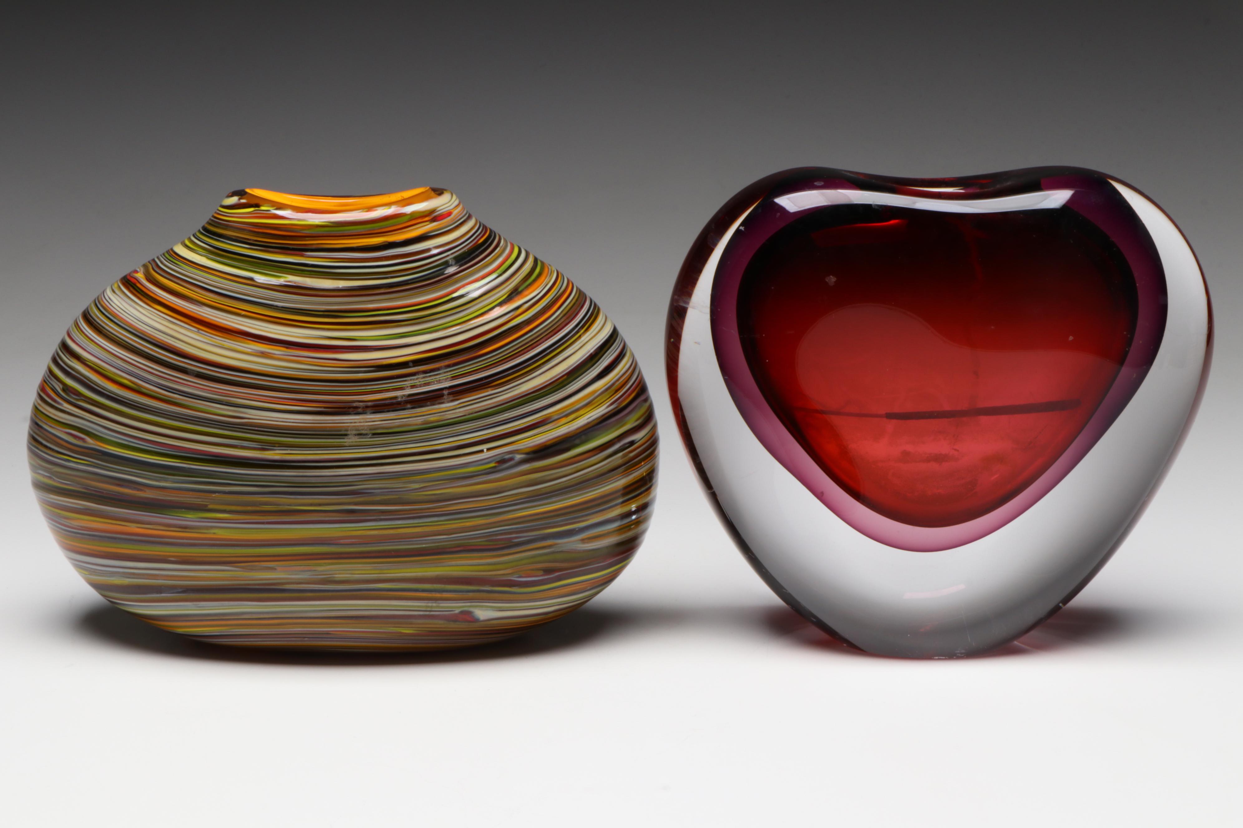 Caleb Siemon Striped Art Glass Vase with Heart-Shaped Cased Red Glass Vase