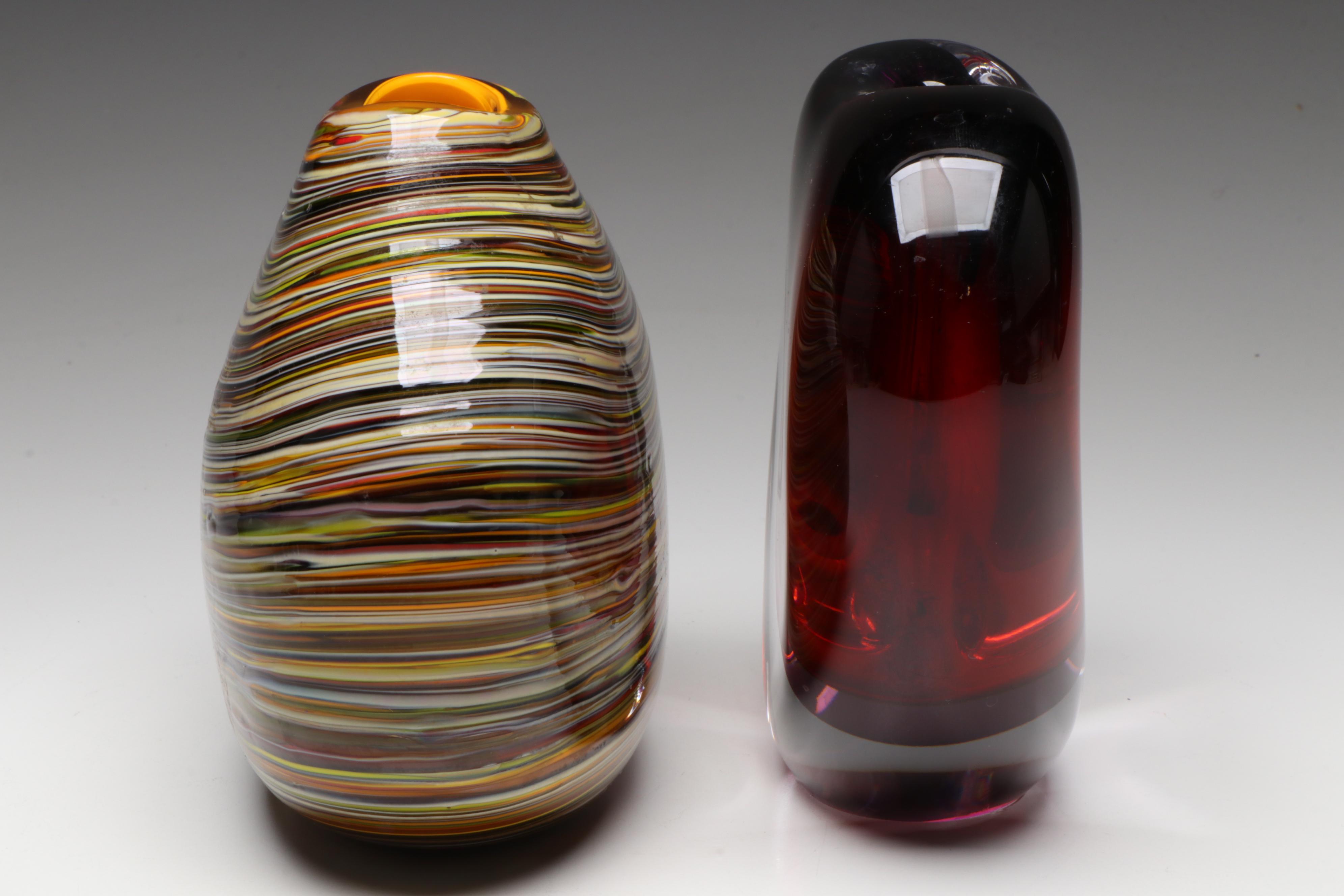 Caleb Siemon Striped Art Glass Vase with Heart-Shaped Cased Red Glass Vase