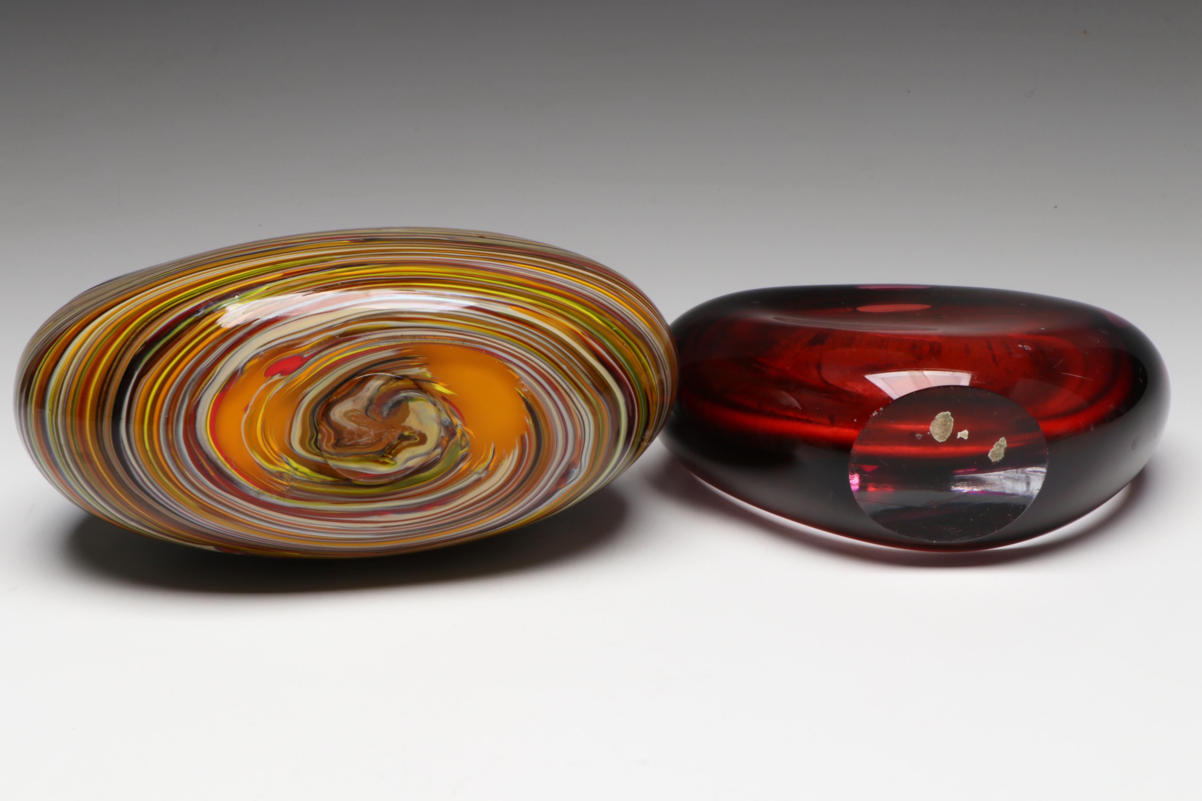 Caleb Siemon Striped Art Glass Vase with Heart-Shaped Cased Red Glass Vase