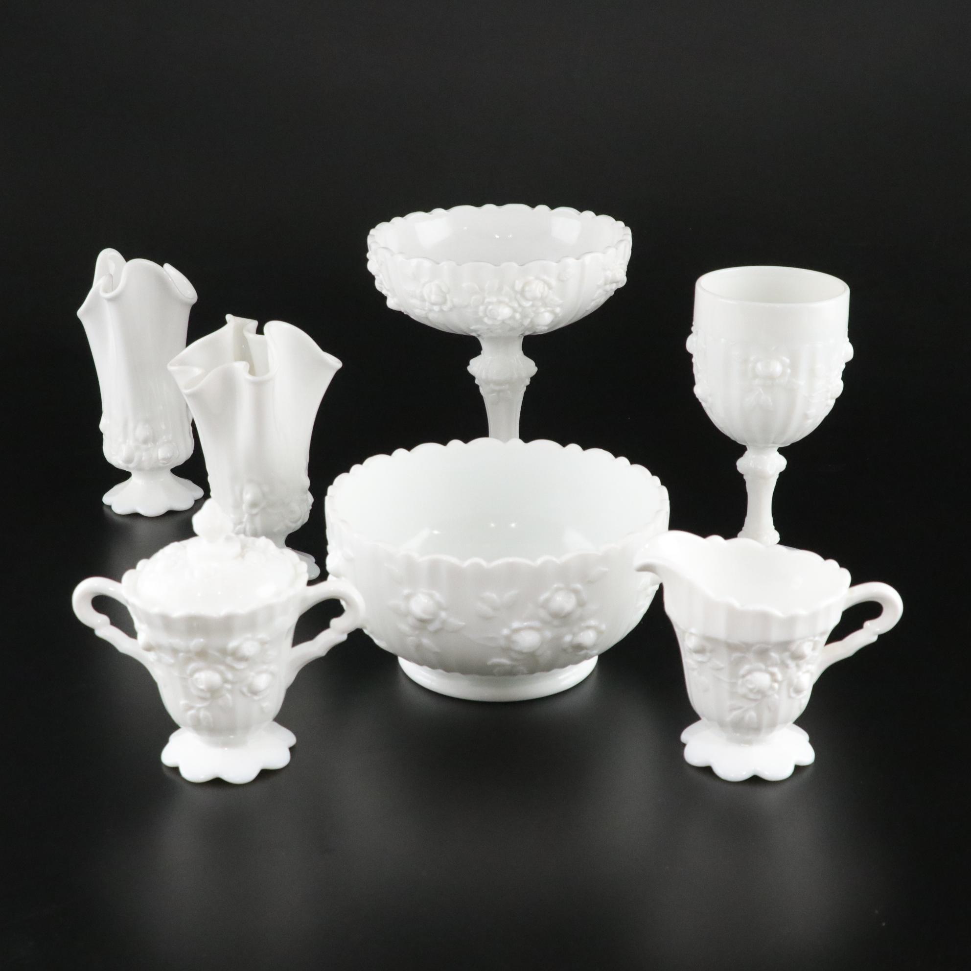 Fenton "Cabbage Rose" Set with Handkerchief Vases, Pedestal Compote, and More