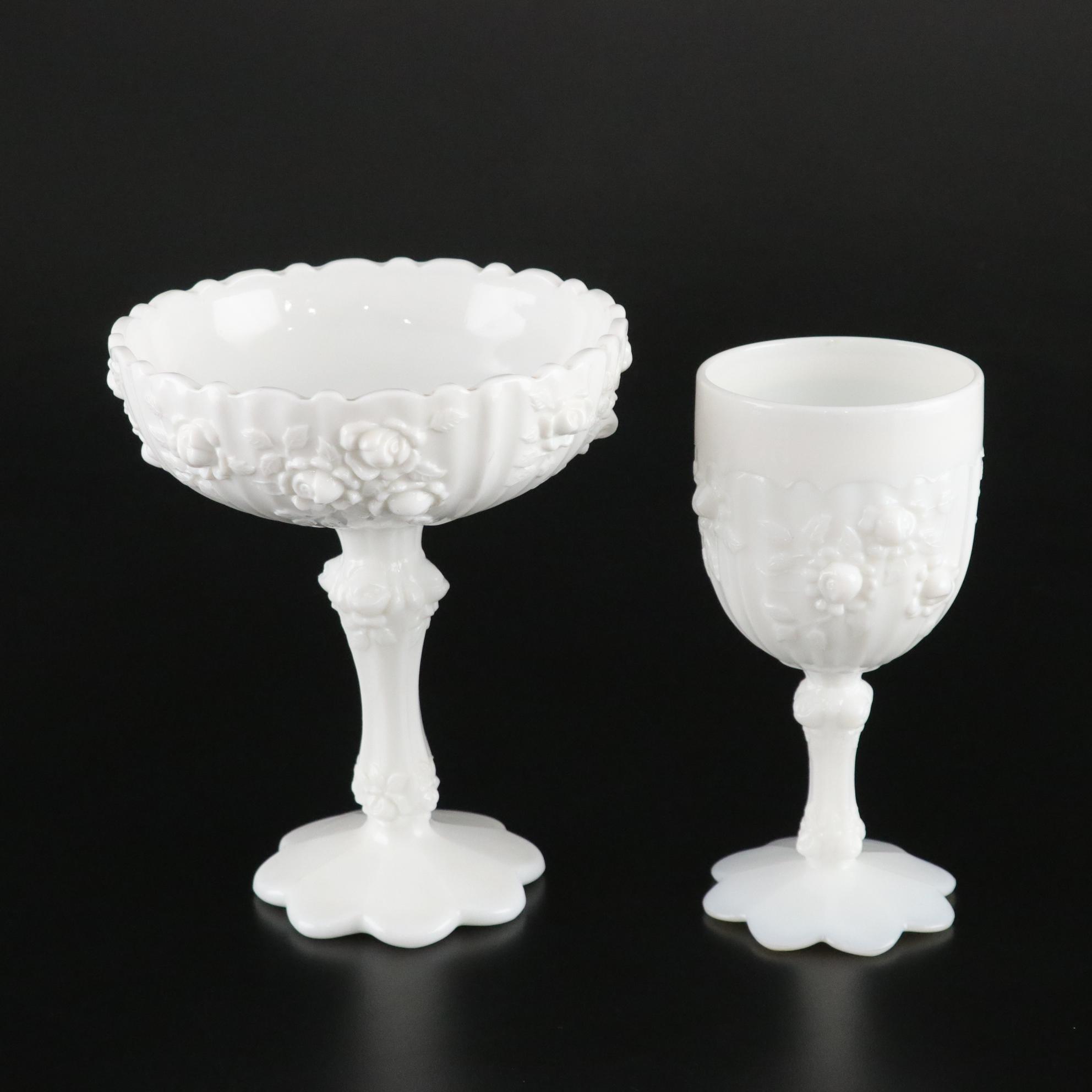 Fenton "Cabbage Rose" Set with Handkerchief Vases, Pedestal Compote, and More