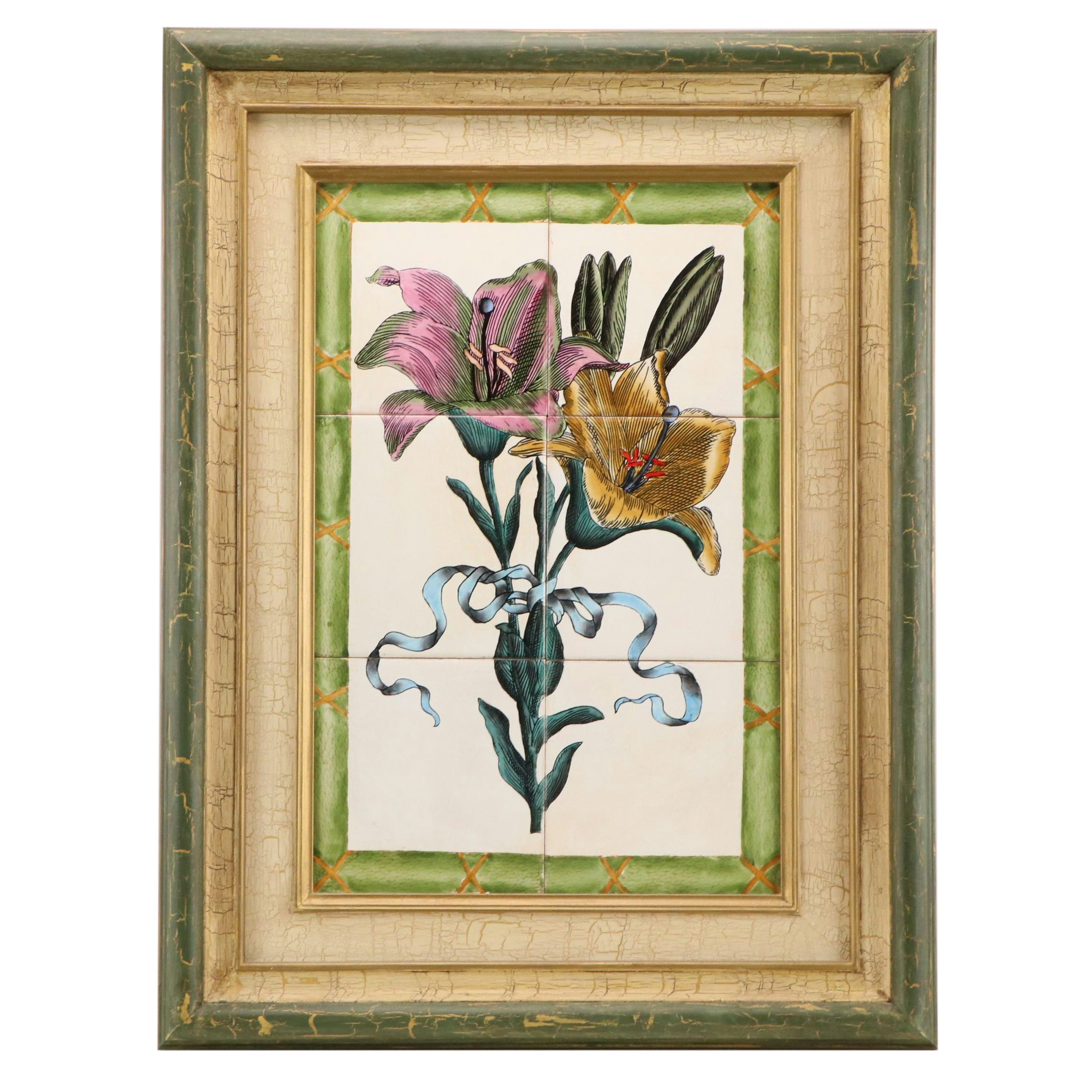 Hand-Painted Ceramic Tile Floral Composition, 20th Century