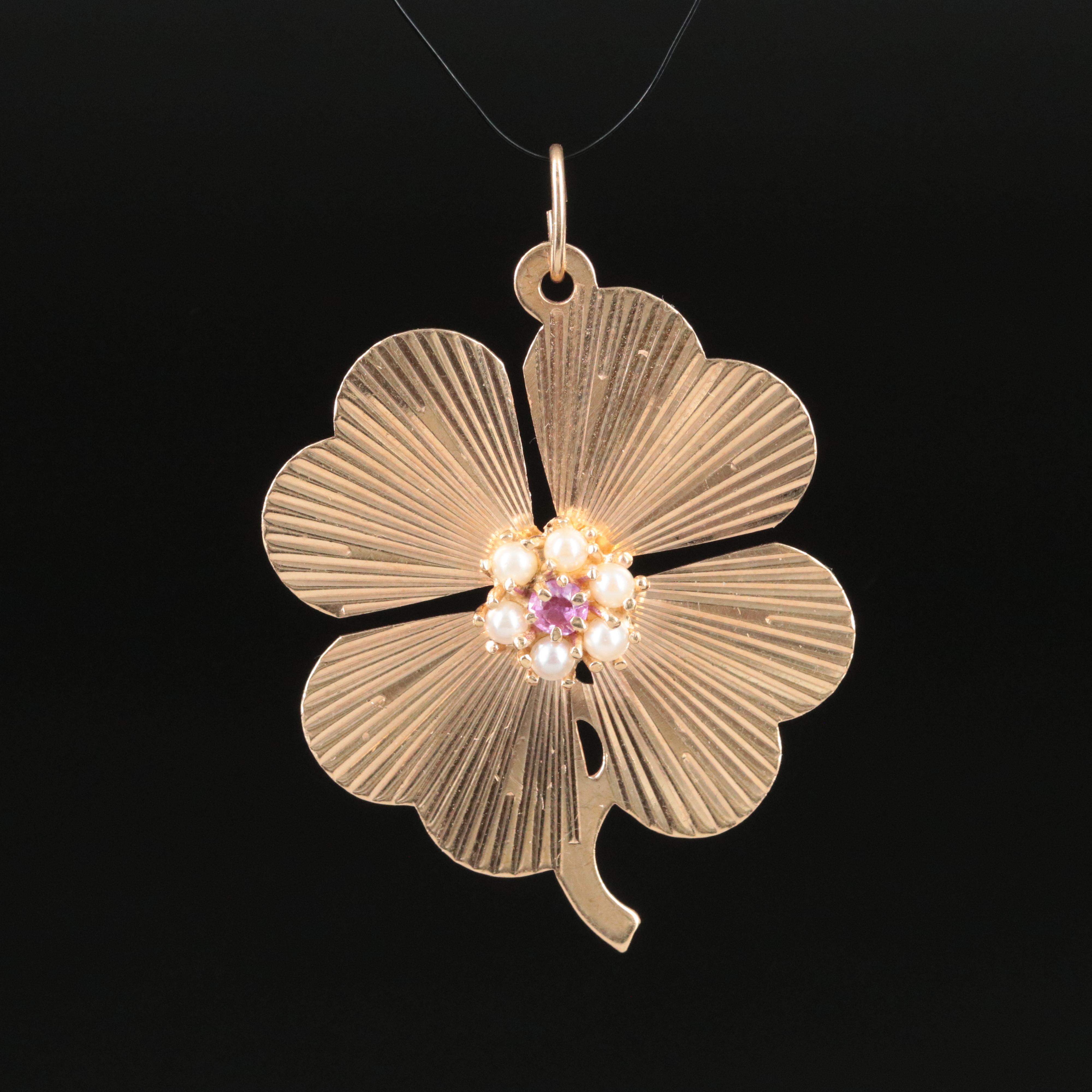 Vintage 14K Ruby and Pearl Clover Pendant