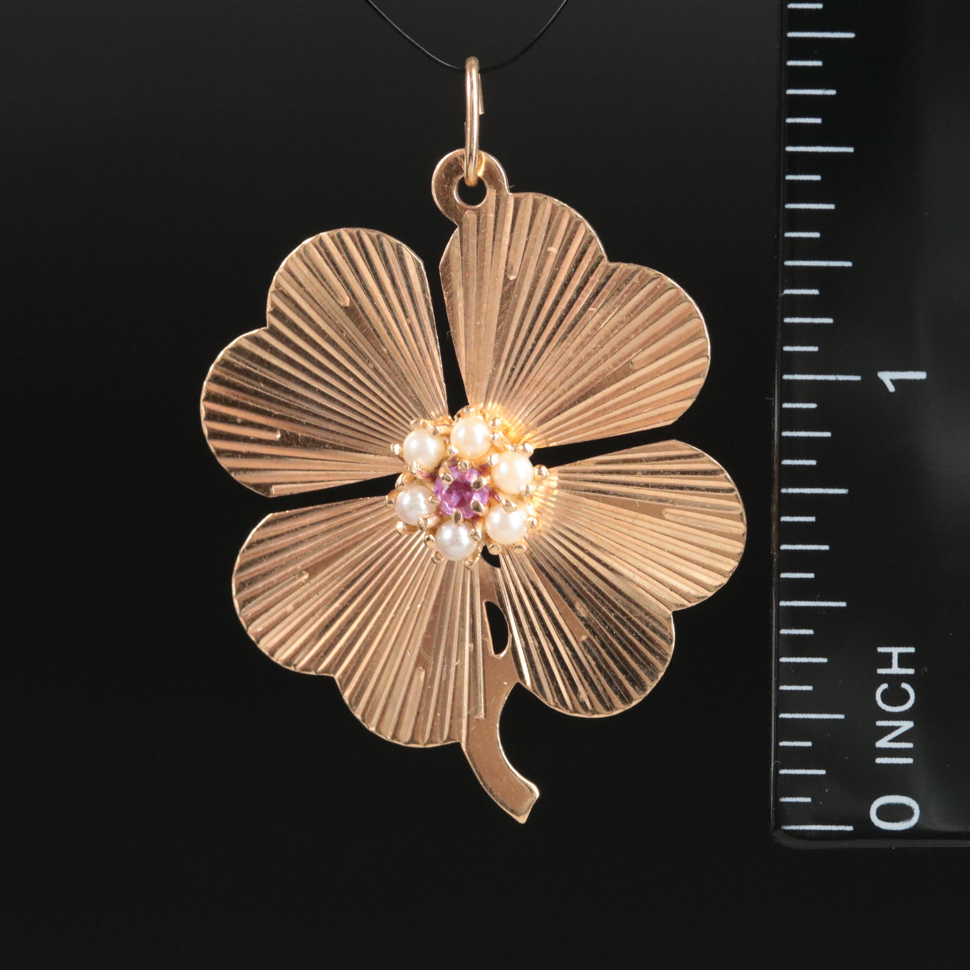 Vintage 14K Ruby and Pearl Clover Pendant