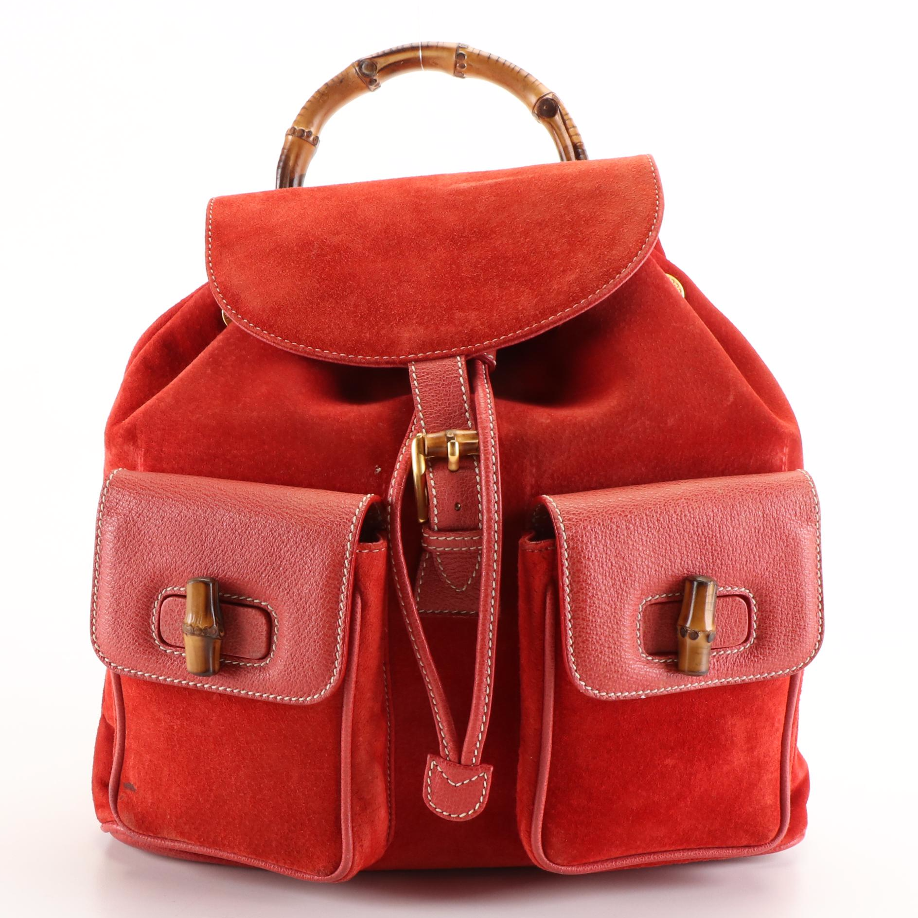 Gucci Bamboo Drawstring Backpack in Red Suede and Leather