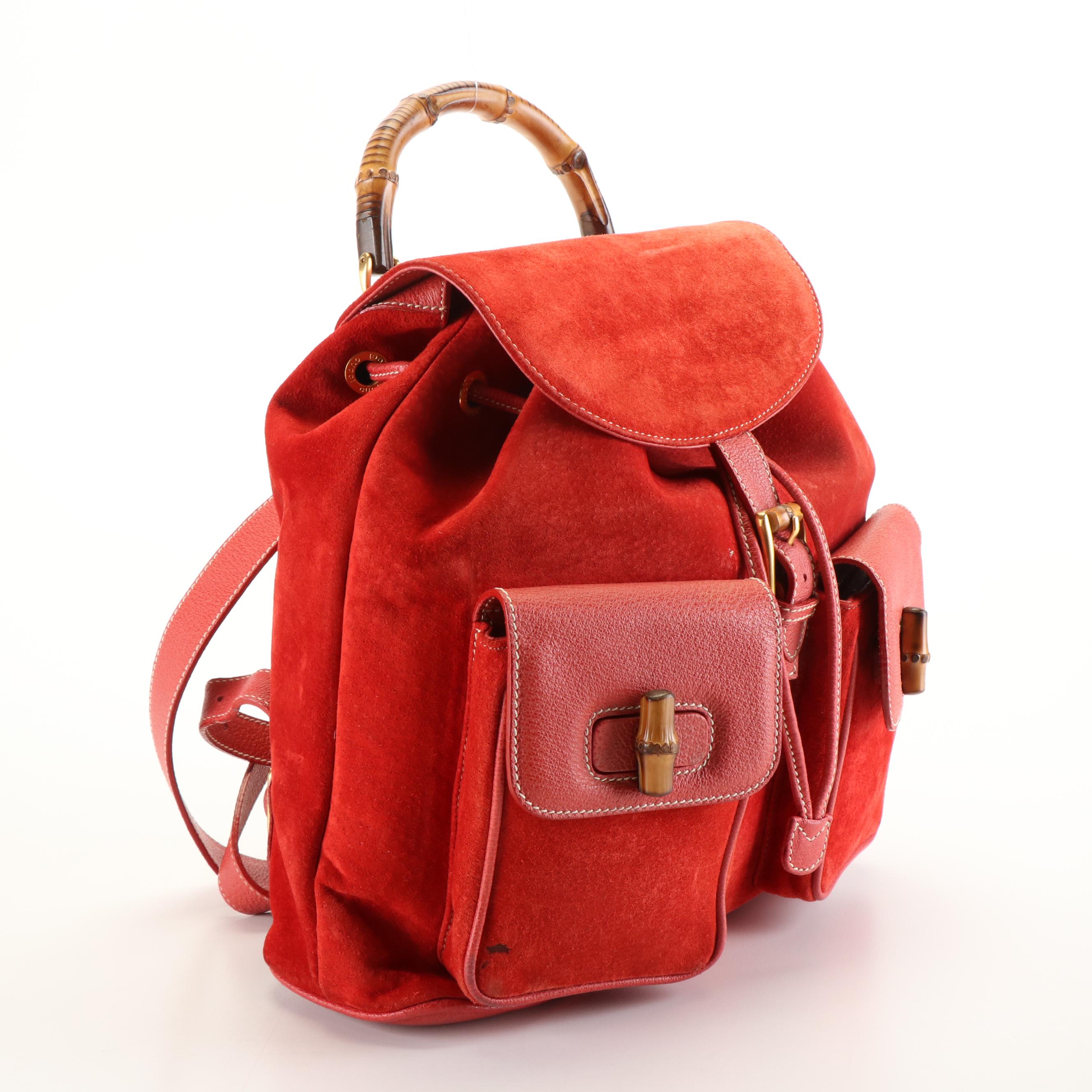 Gucci Bamboo Drawstring Backpack in Red Suede and Leather