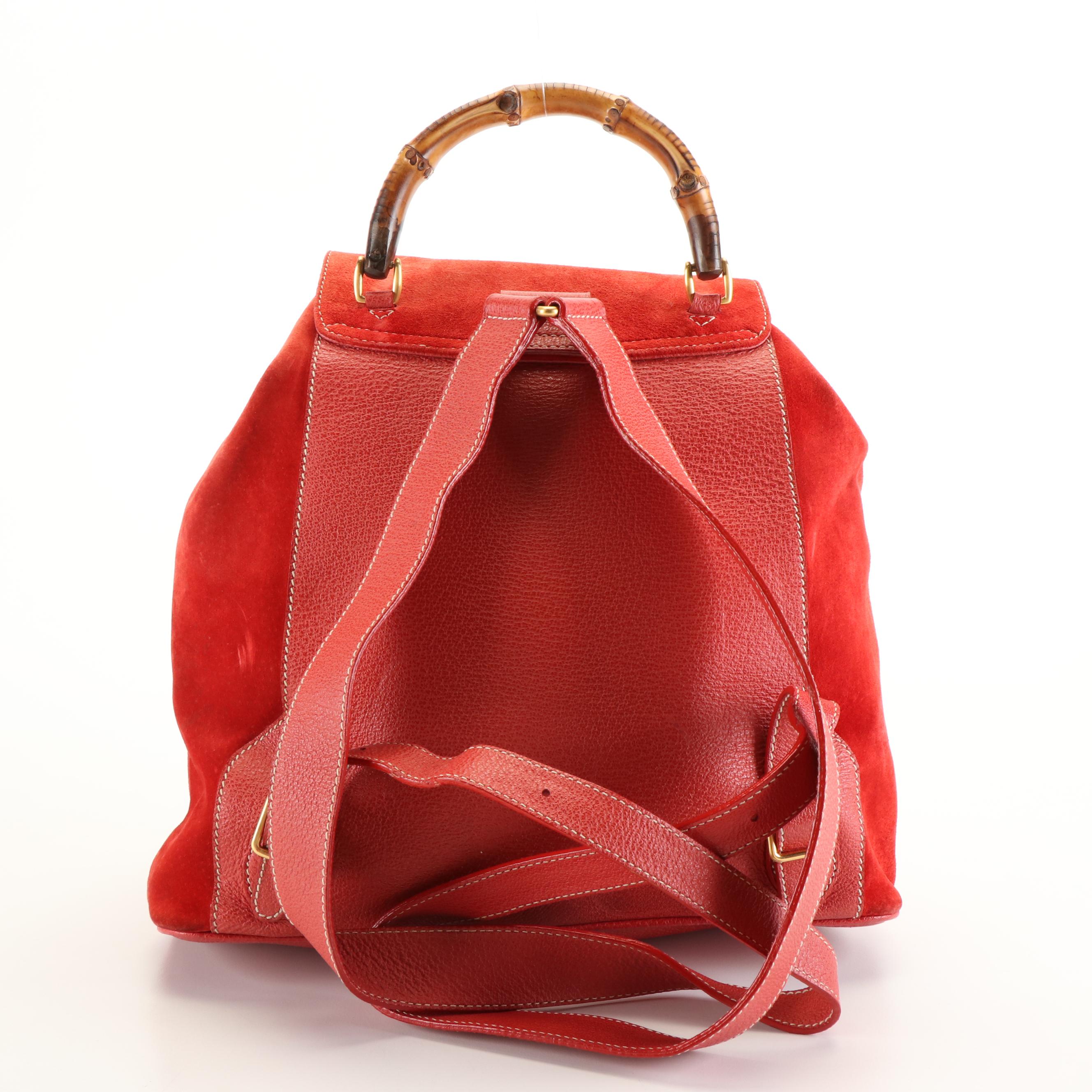 Gucci Bamboo Drawstring Backpack in Red Suede and Leather
