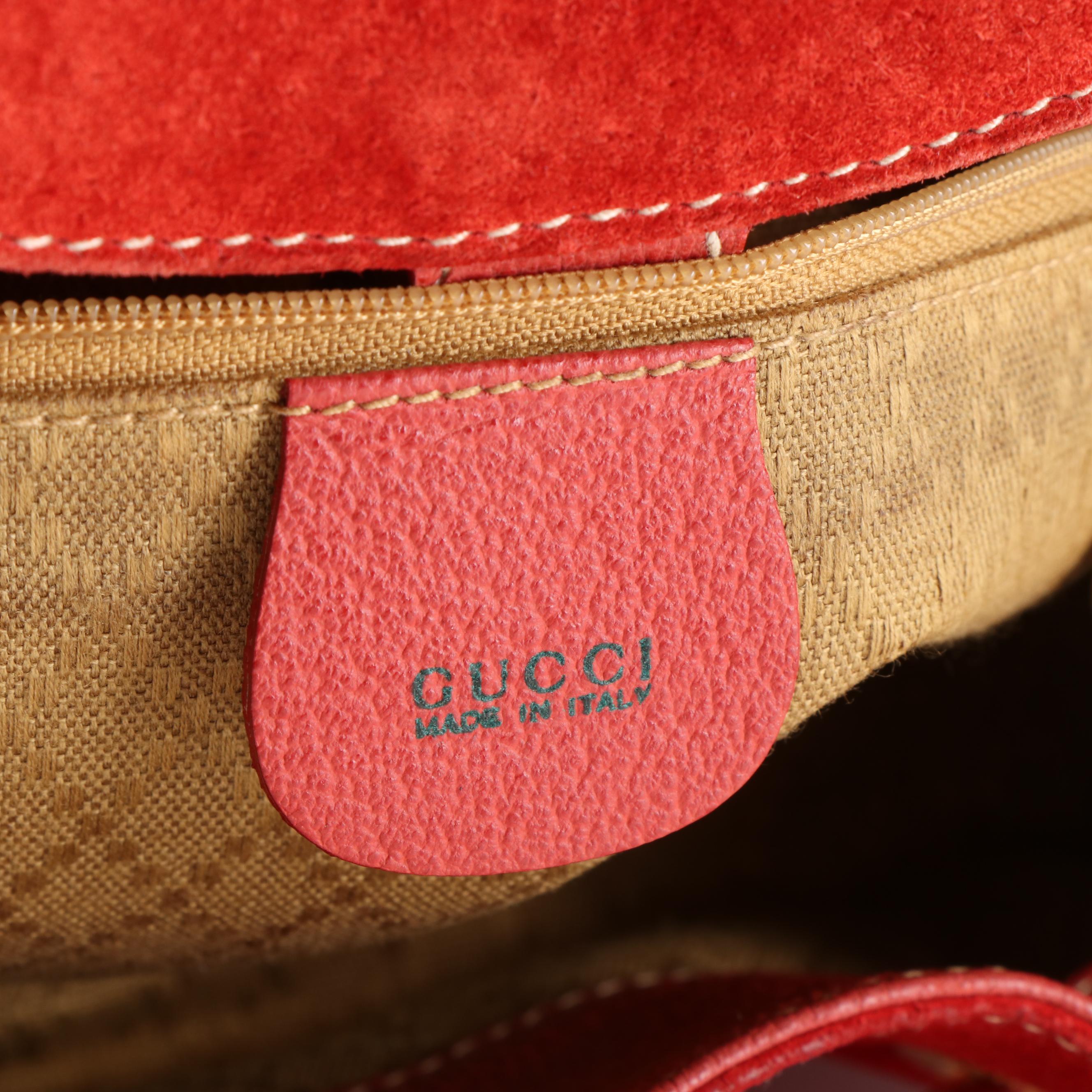 Gucci Bamboo Drawstring Backpack in Red Suede and Leather