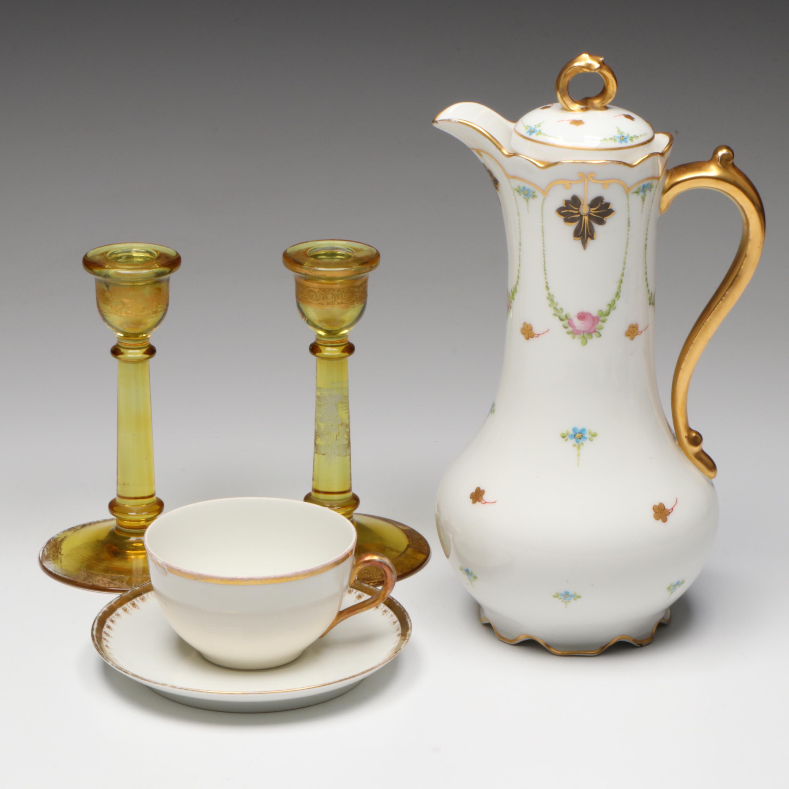Coronet Limoges Porcelain Chocolate Pot with Other Teacup, Saucer & Candlesticks