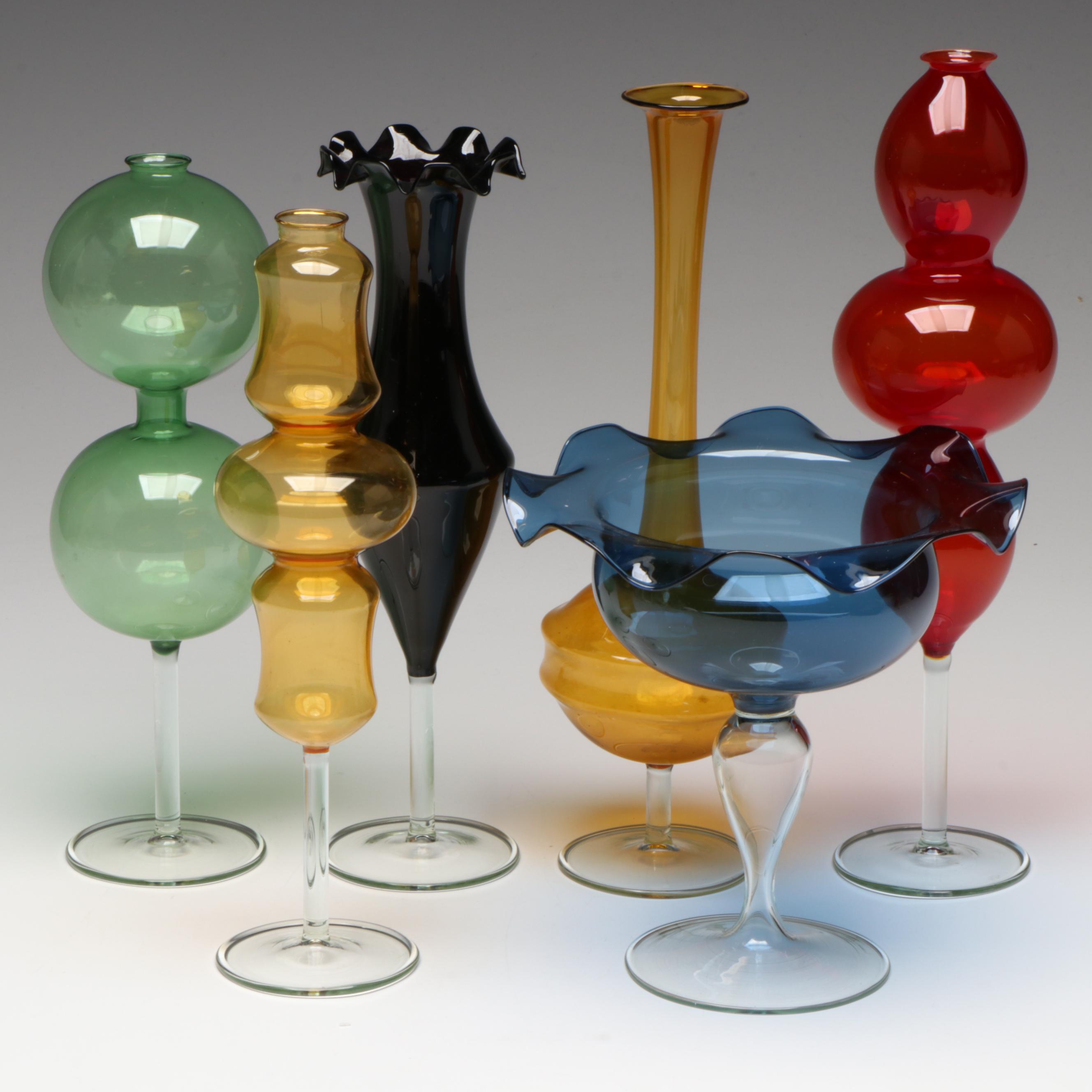 Italian Modernist Style Colored Art Glass Vases and Compote