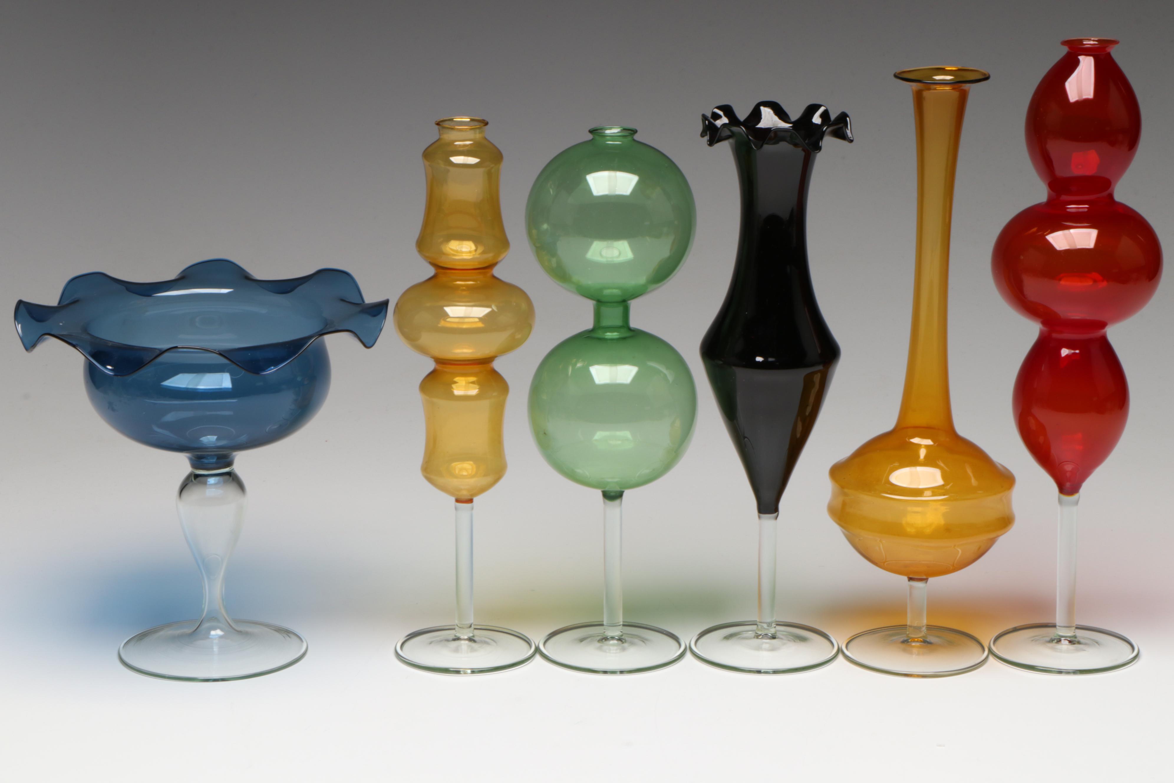Italian Modernist Style Colored Art Glass Vases and Compote