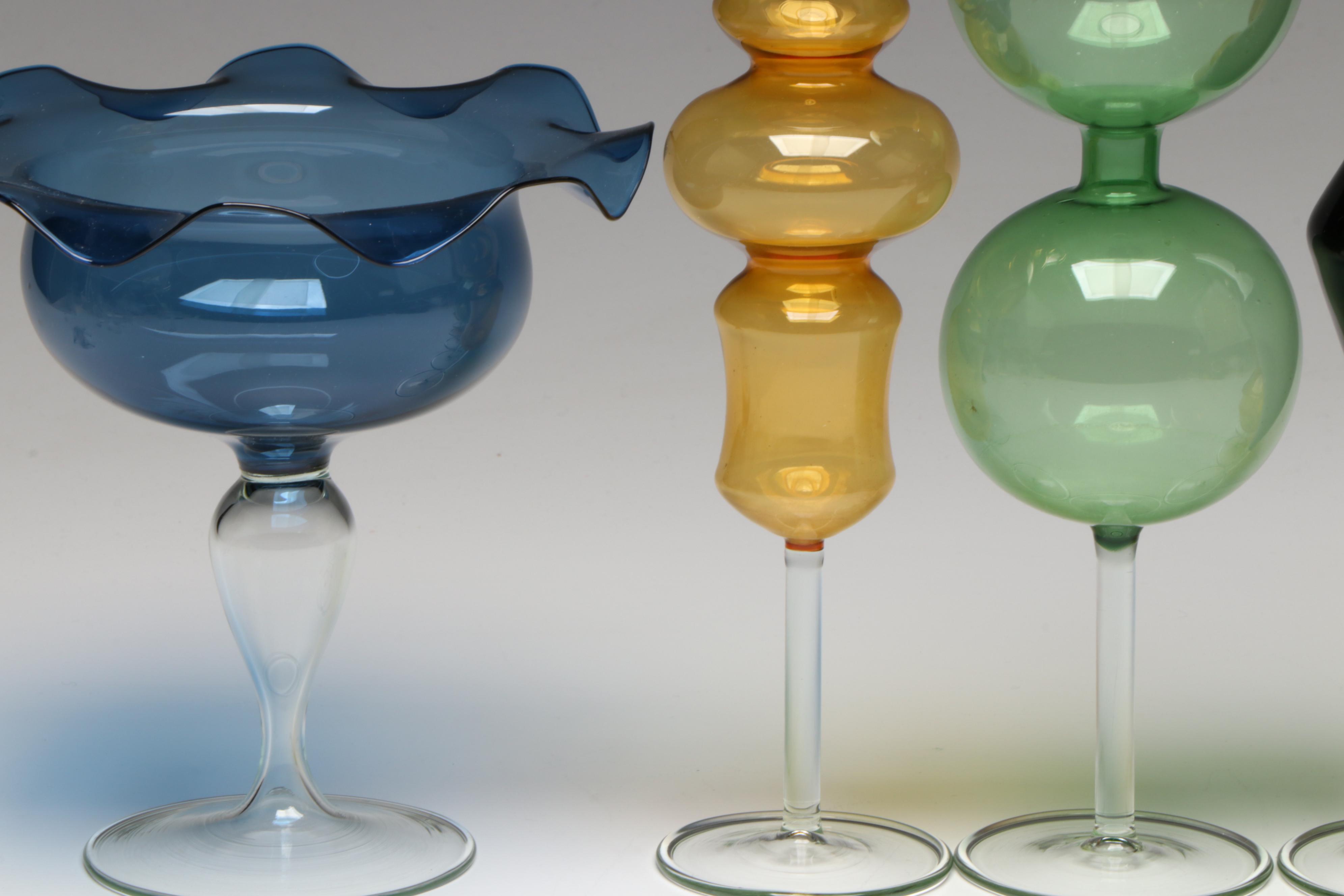 Italian Modernist Style Colored Art Glass Vases and Compote