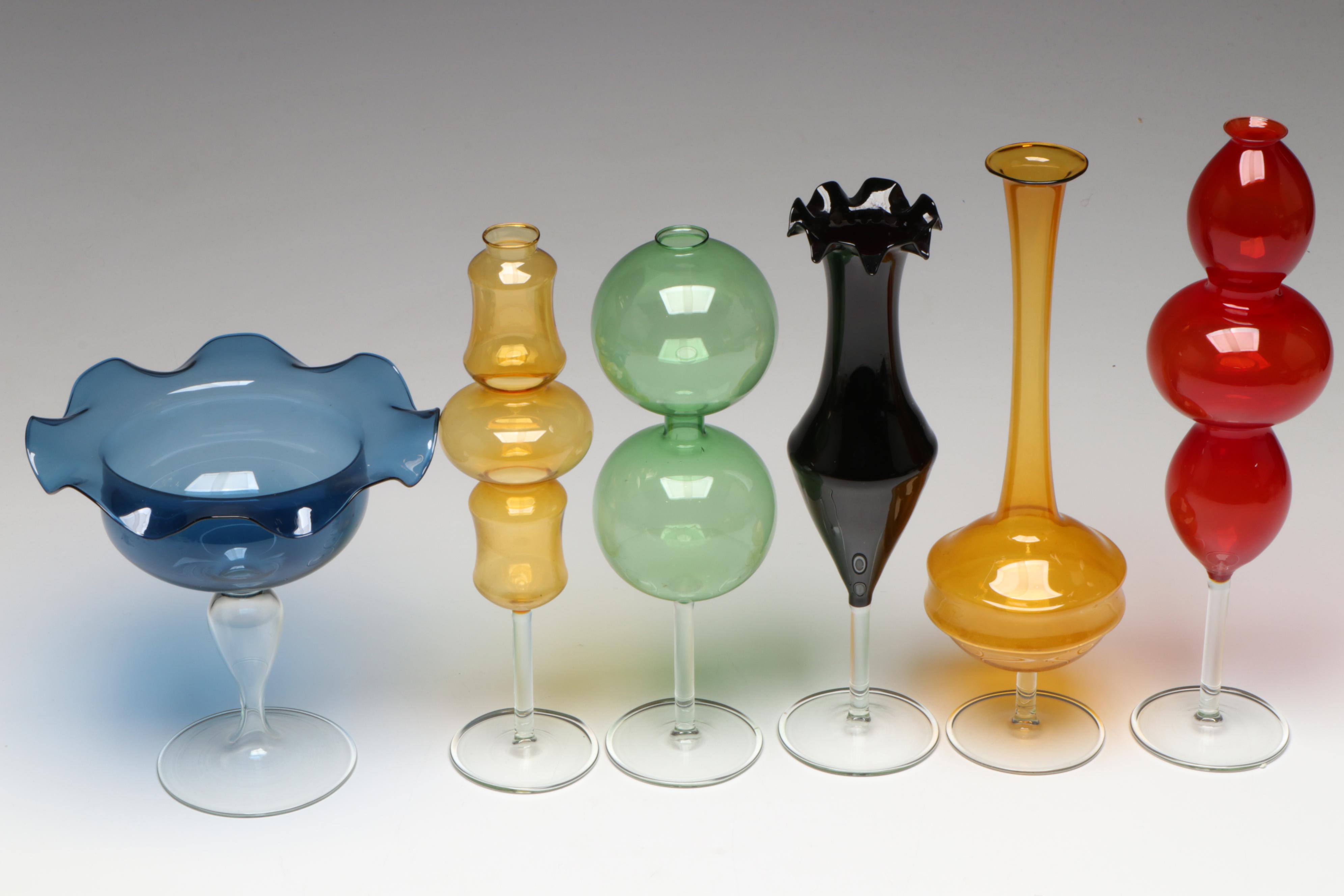 Italian Modernist Style Colored Art Glass Vases and Compote