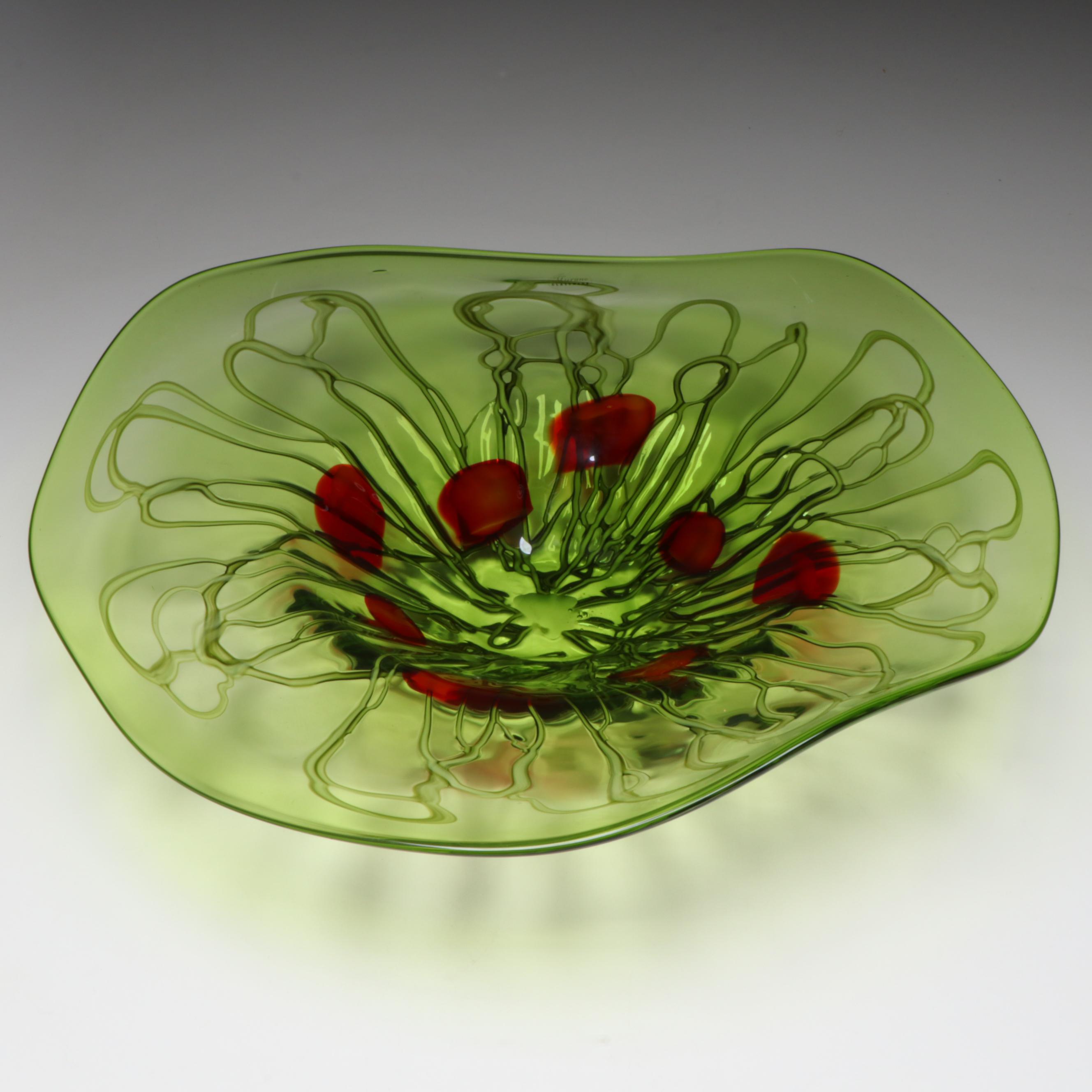 Murano Blown Freeform Green Art Glass Centerpiece Bowl with Applied Trailing