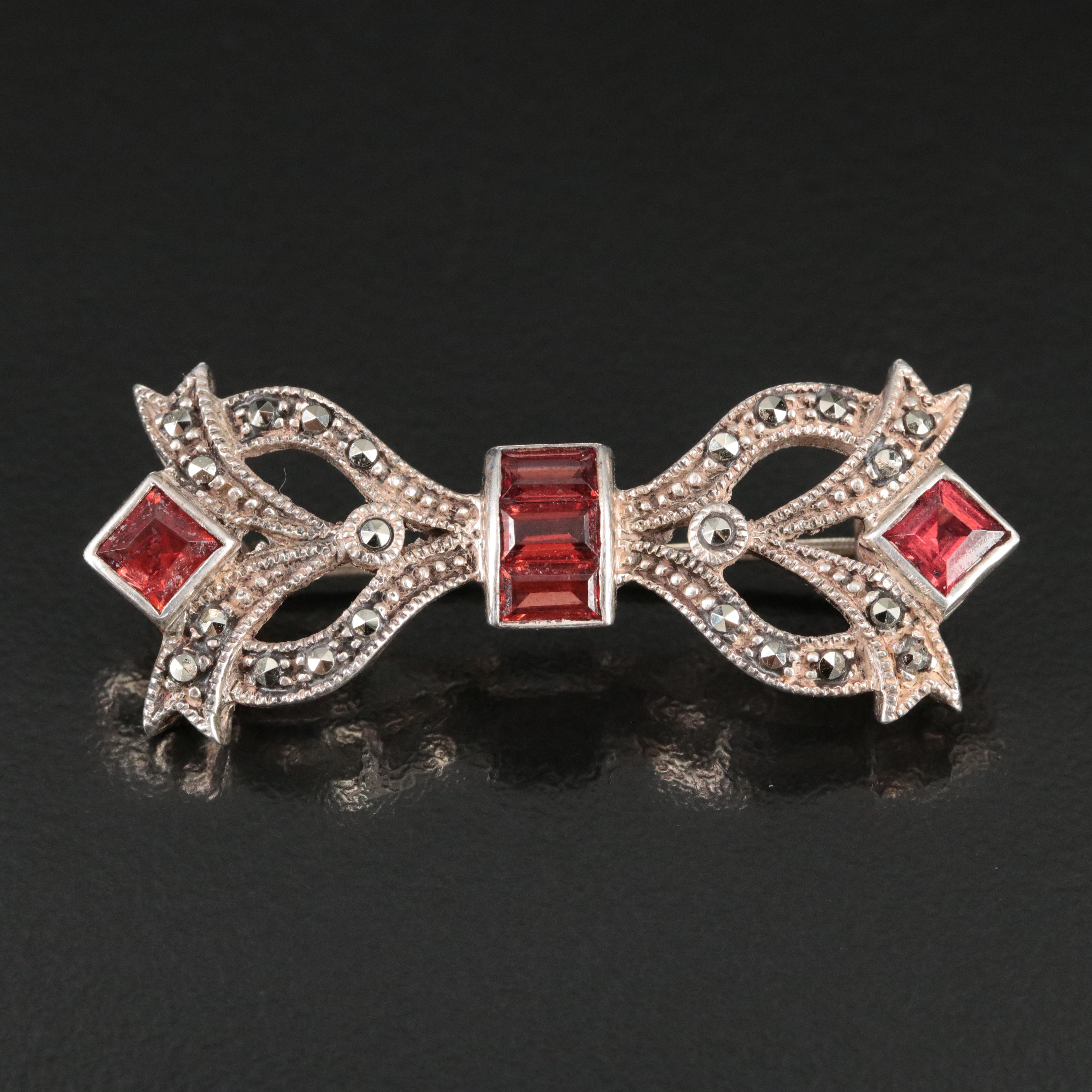 Sterling Garnet and Marcasite Ribbon Pin