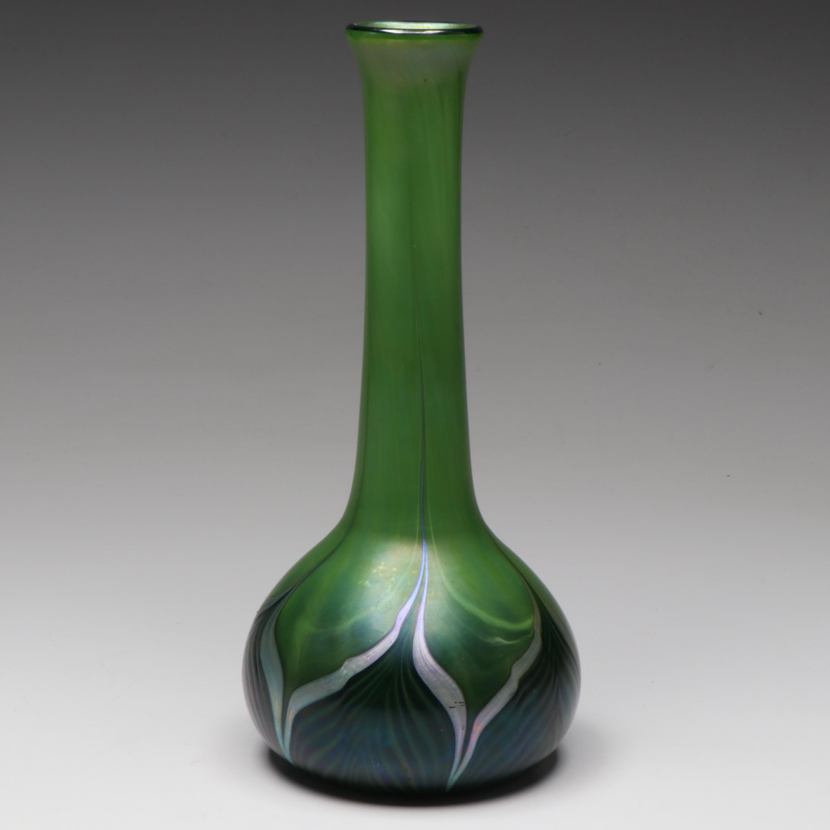 Lundberg Studios Blown Iridescent Pulled Feather Green Art Glass Vase, 2000
