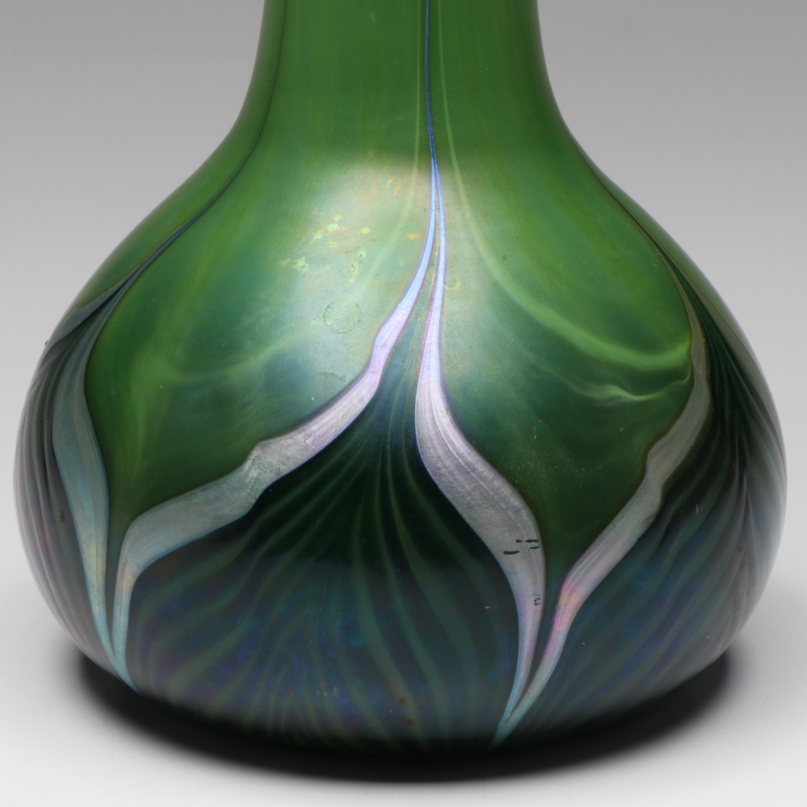 Lundberg Studios Blown Iridescent Pulled Feather Green Art Glass Vase, 2000