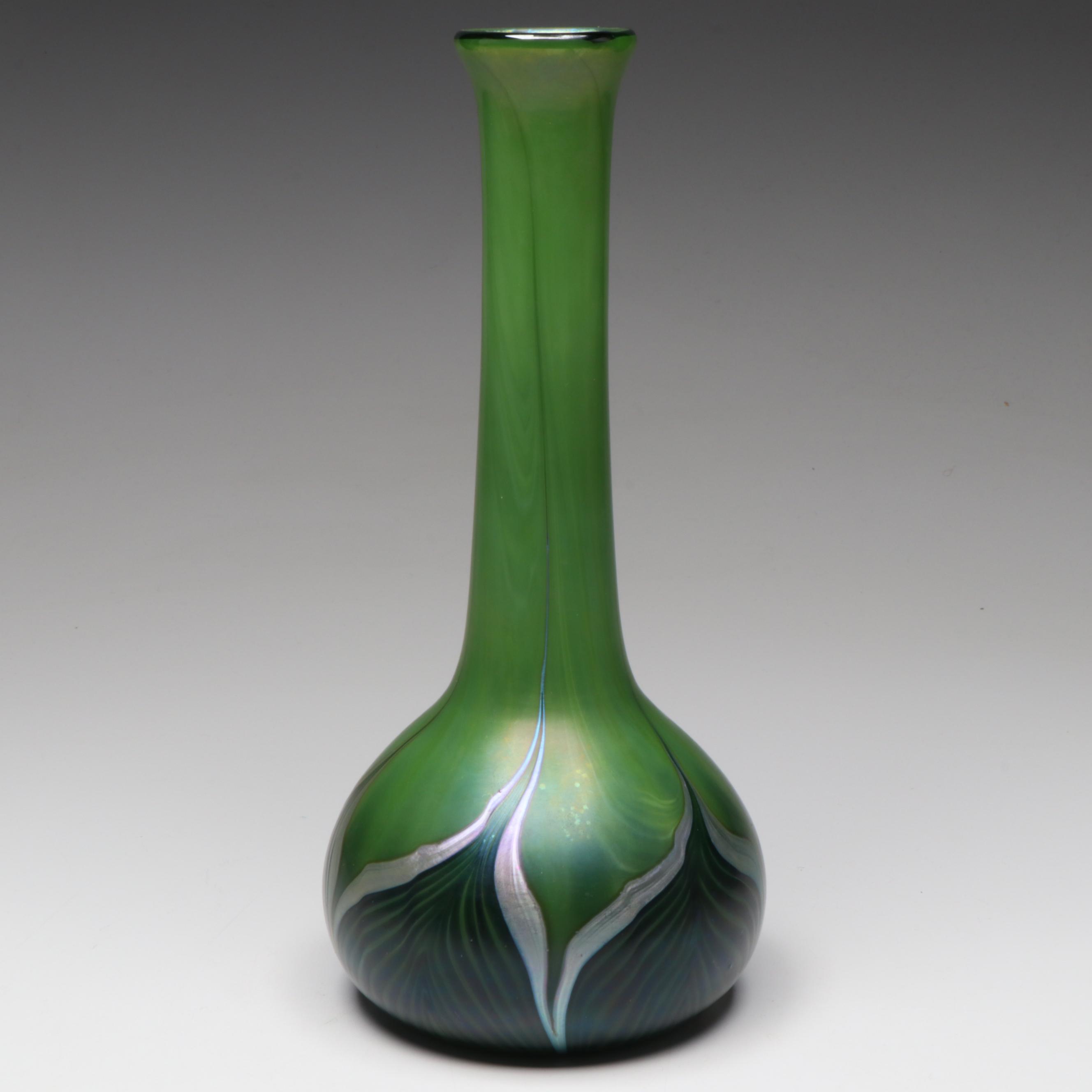 Lundberg Studios Blown Iridescent Pulled Feather Green Art Glass Vase, 2000
