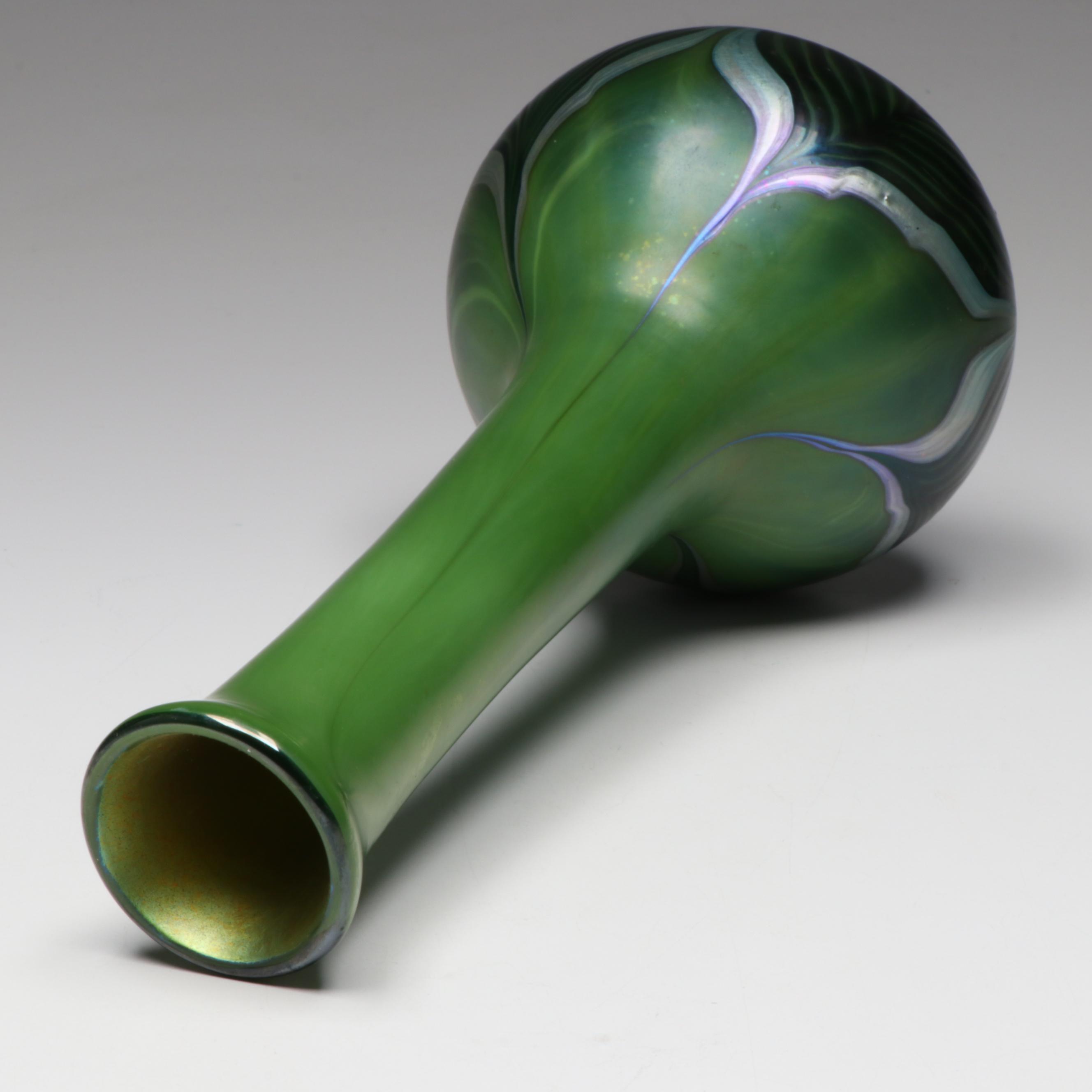 Lundberg Studios Blown Iridescent Pulled Feather Green Art Glass Vase, 2000