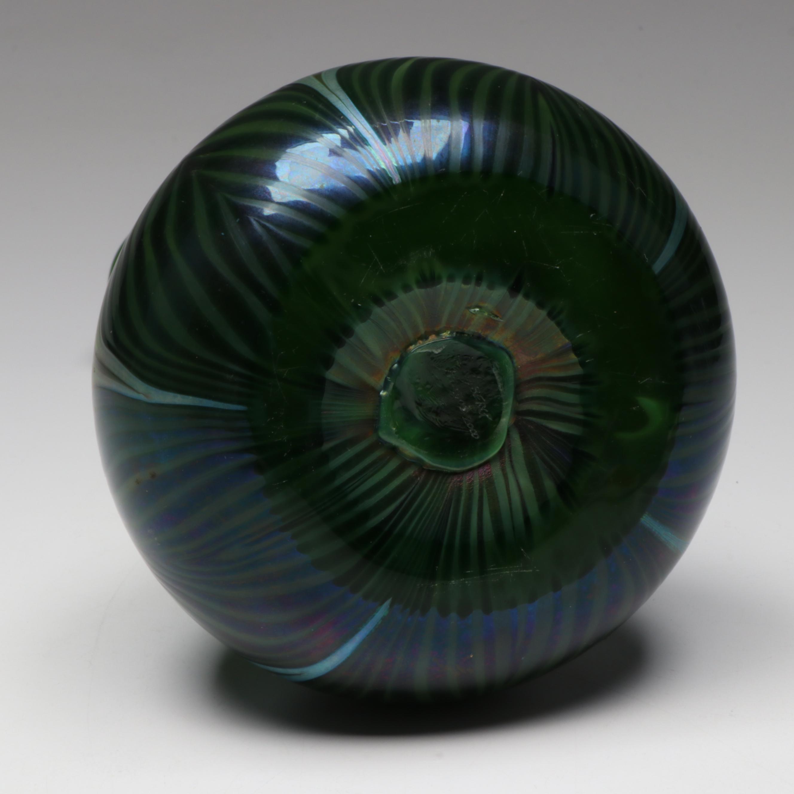 Lundberg Studios Blown Iridescent Pulled Feather Green Art Glass Vase, 2000