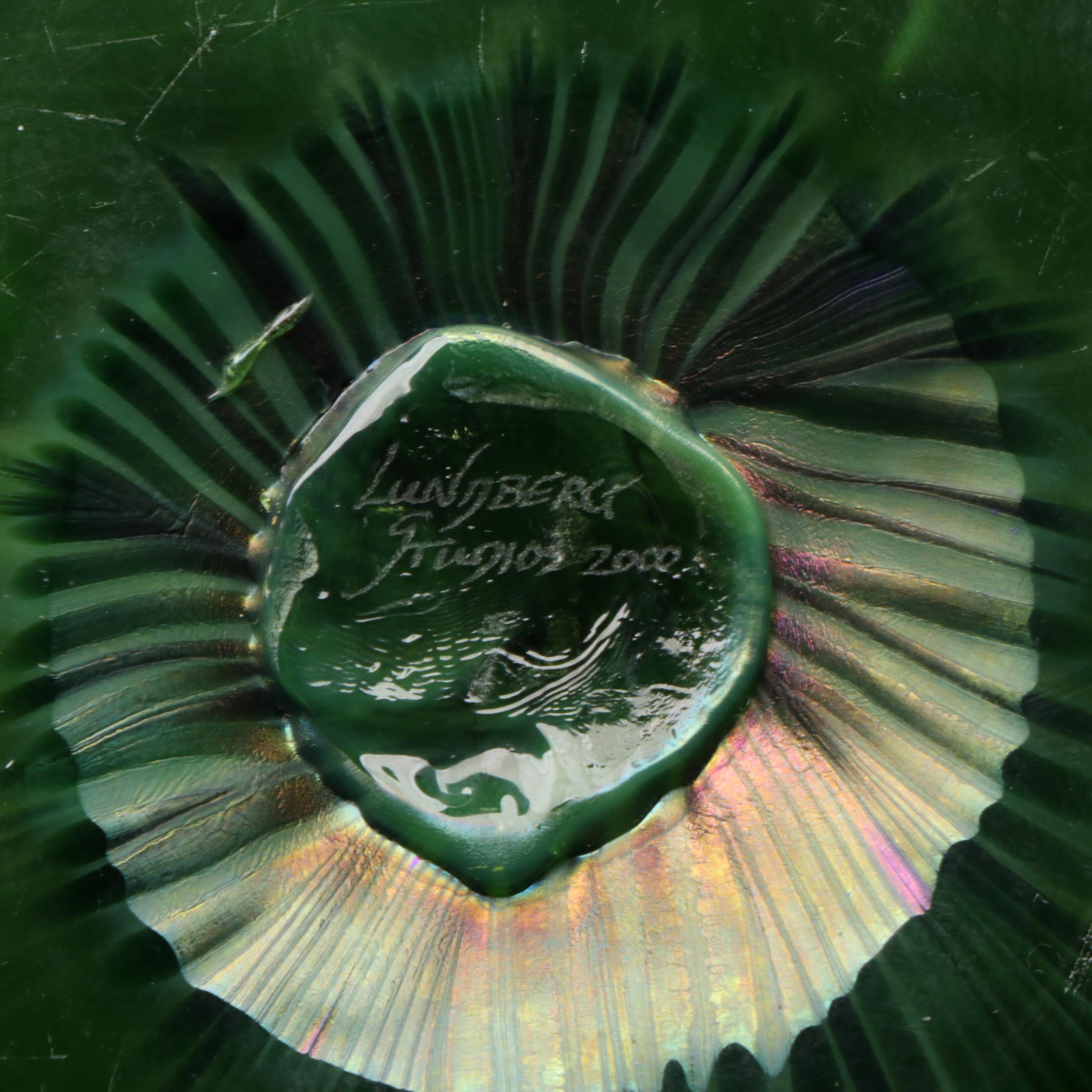 Lundberg Studios Blown Iridescent Pulled Feather Green Art Glass Vase, 2000