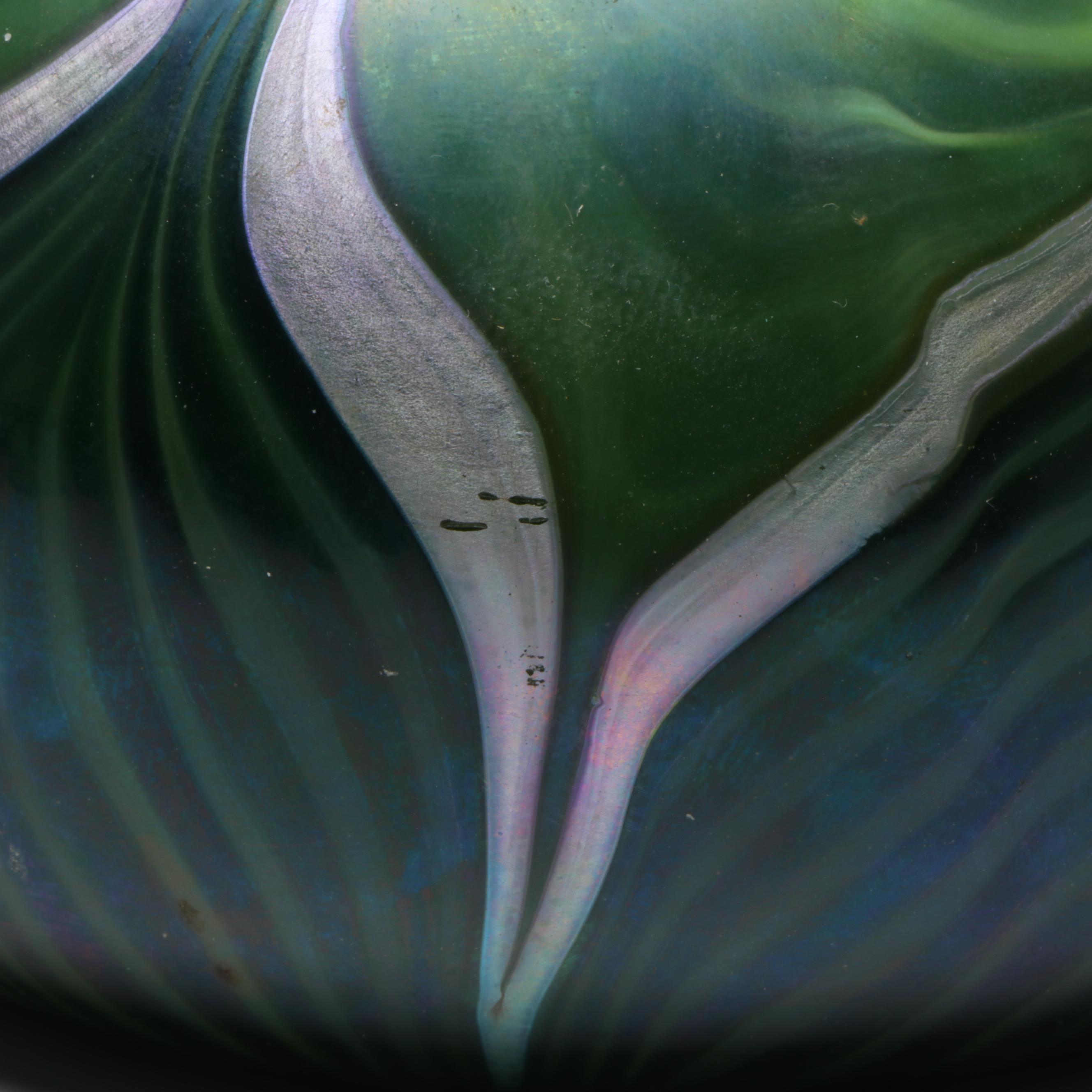 Lundberg Studios Blown Iridescent Pulled Feather Green Art Glass Vase, 2000