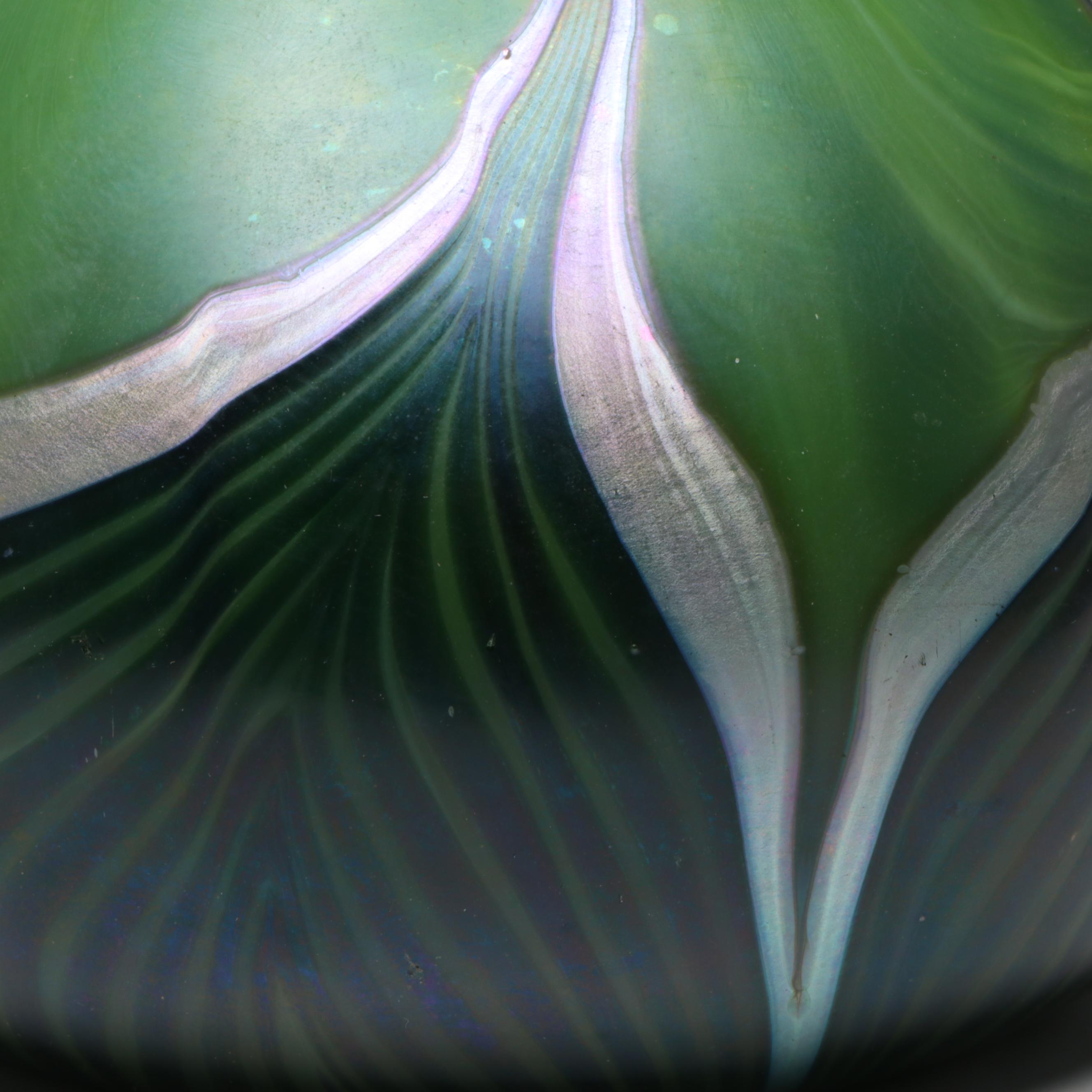 Lundberg Studios Blown Iridescent Pulled Feather Green Art Glass Vase, 2000