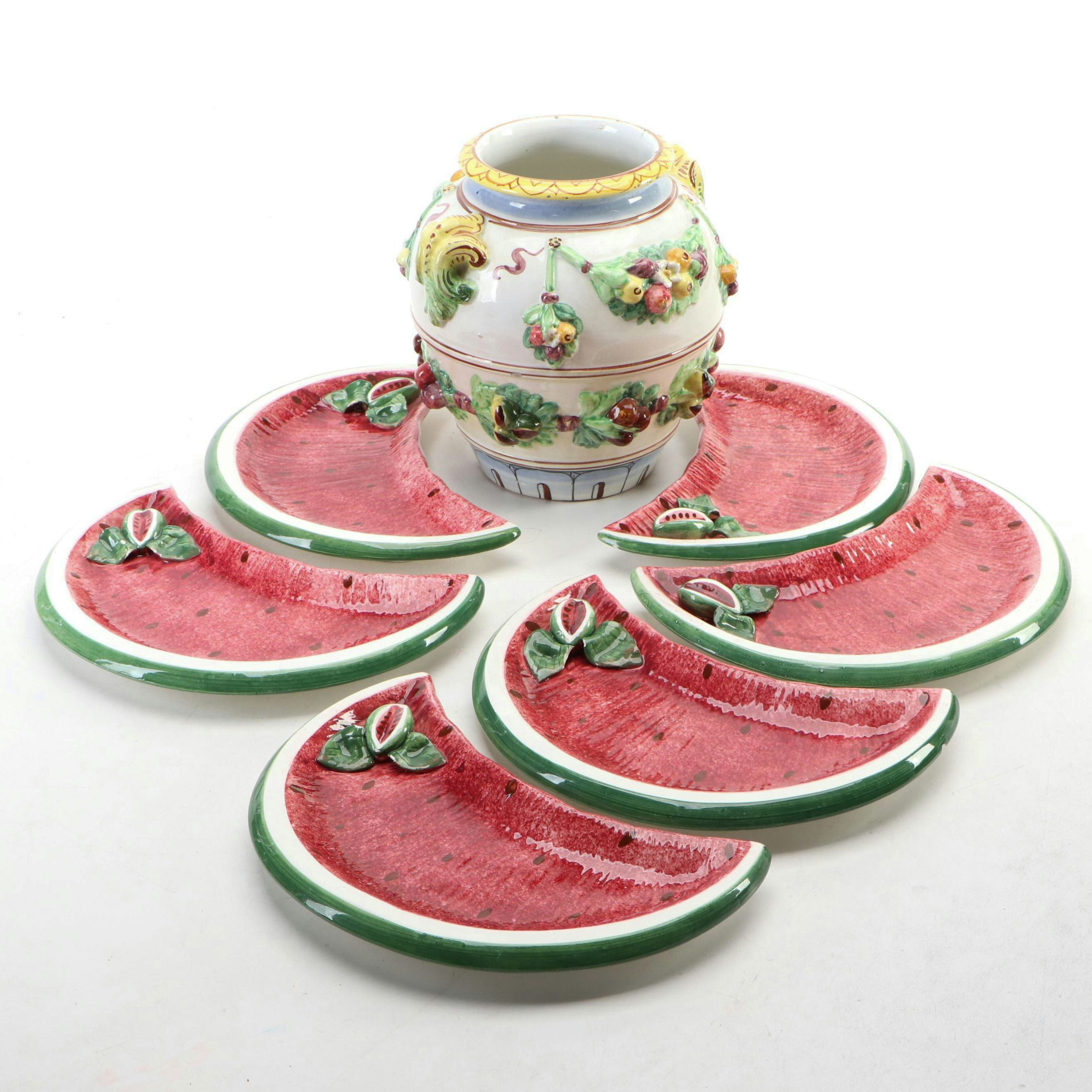 Italian Majolica Style Jar and Watermelon Shaped Plates
