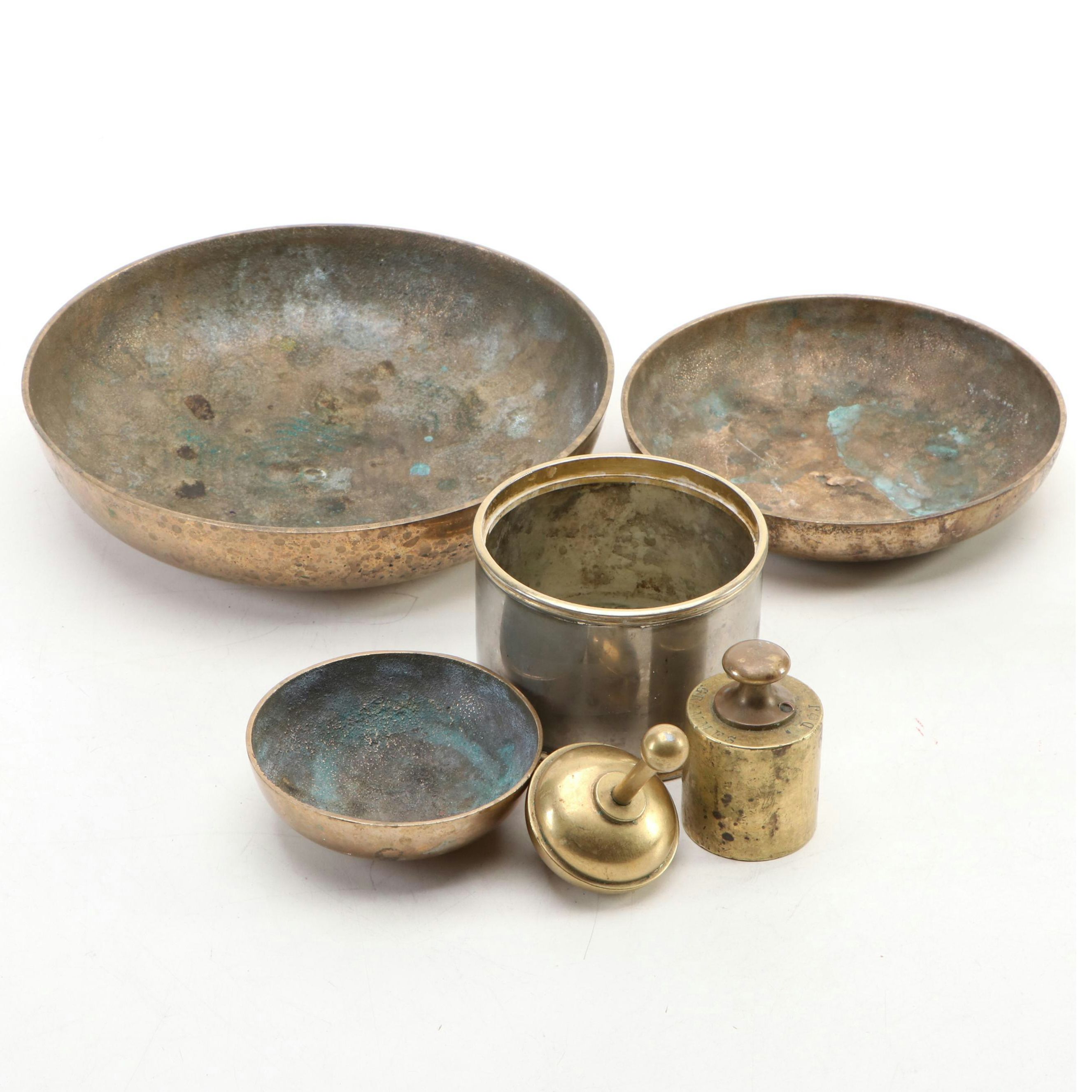 Brass Plumb Bob with 500 Gram Scale Weight & Bowls, Silver Plate Pounce Pot