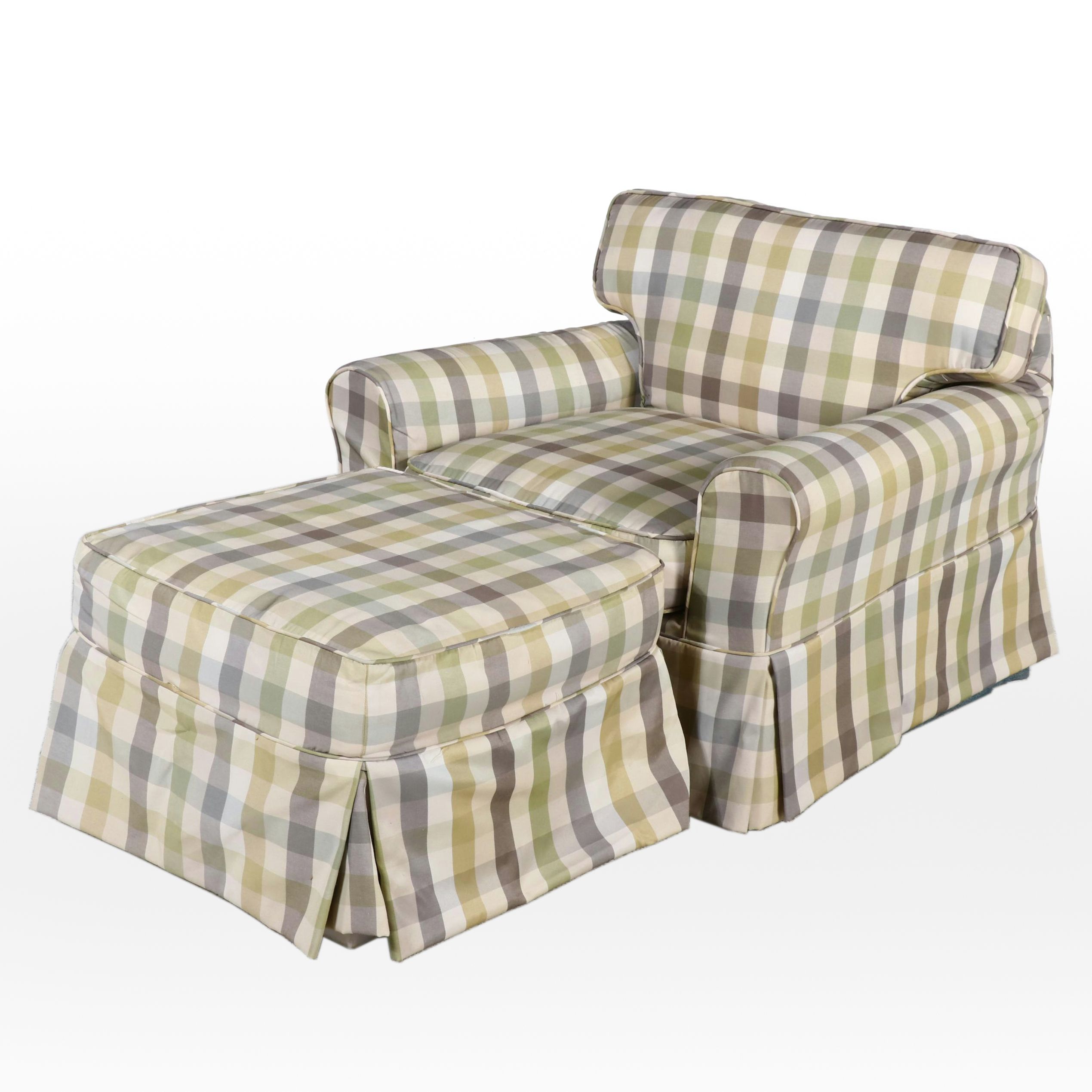 Plaid Slipcovered Easy Armchair and Ottoman, Late 20th Century