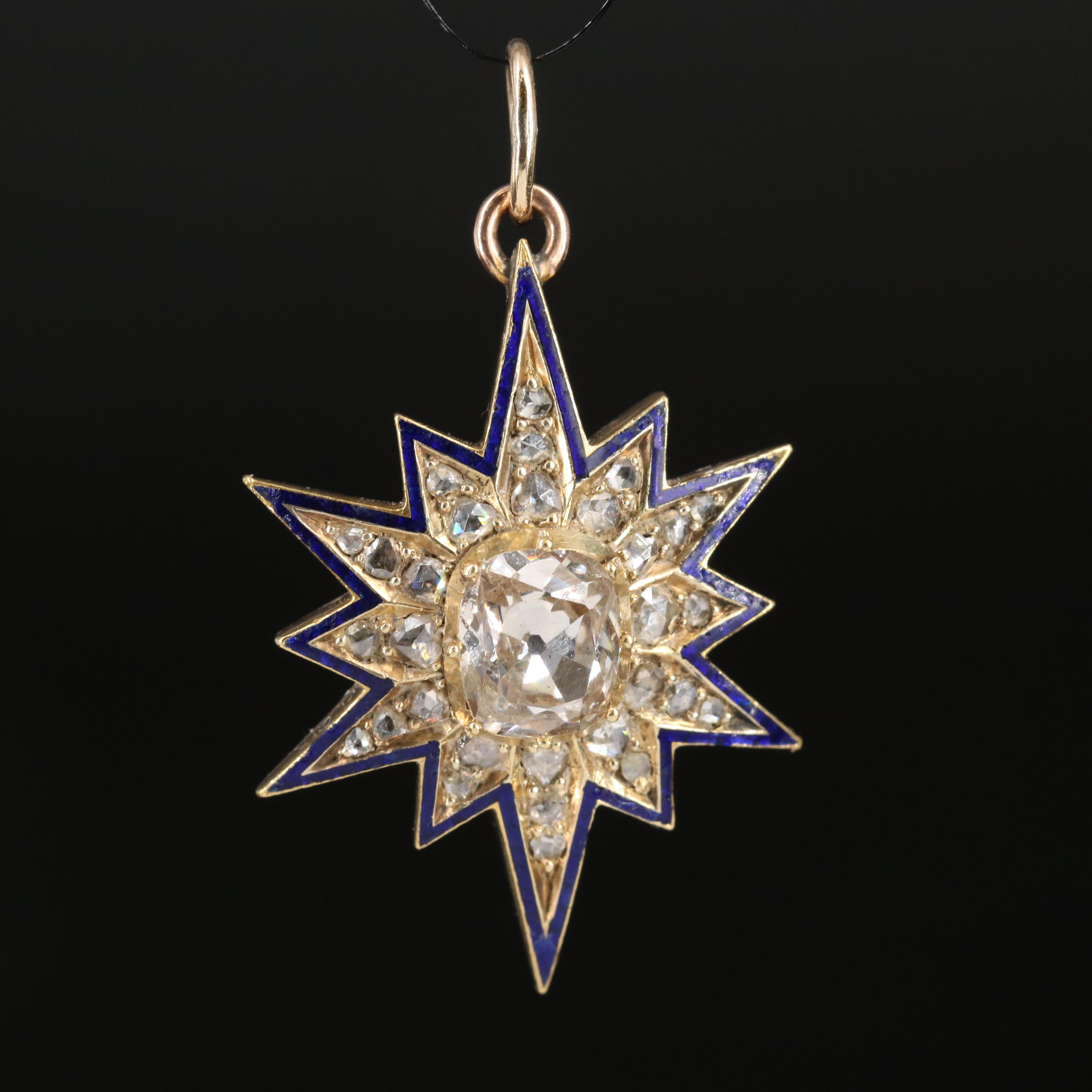 Antique 14K 1.83 CTW Diamond and Enamel Celestial Pendant