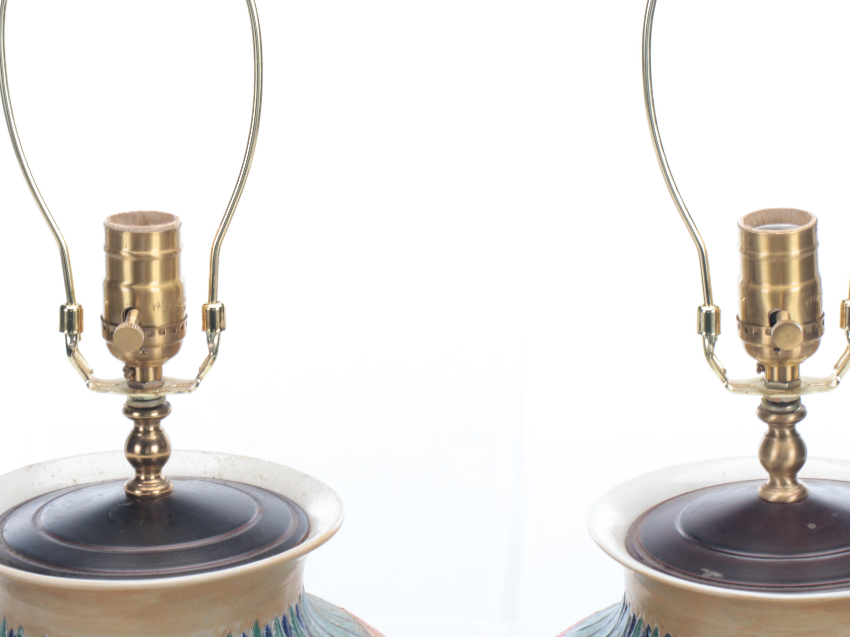 Pair of Majolica Style Vase Table Lamps, Vintage