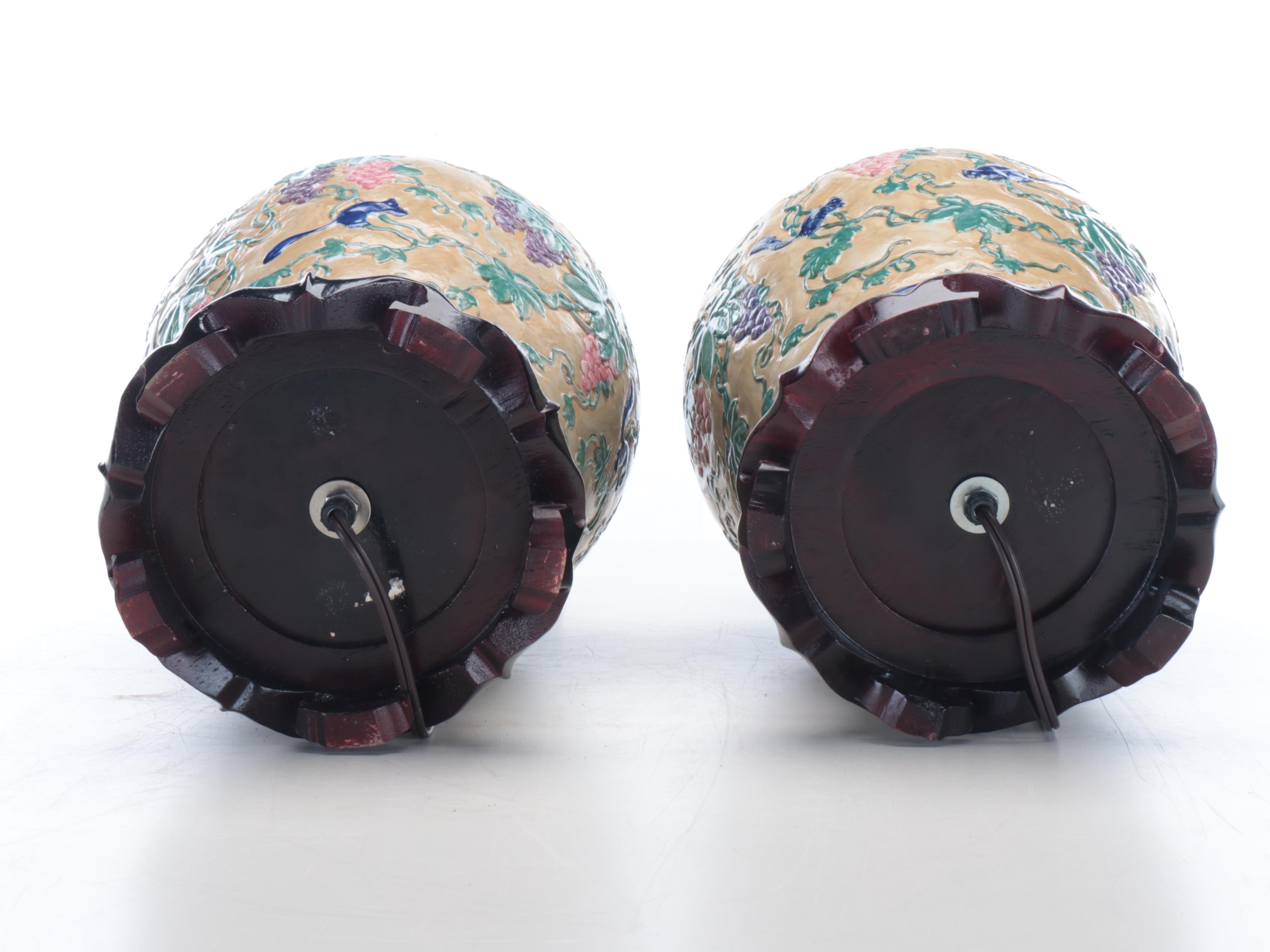 Pair of Majolica Style Vase Table Lamps, Vintage