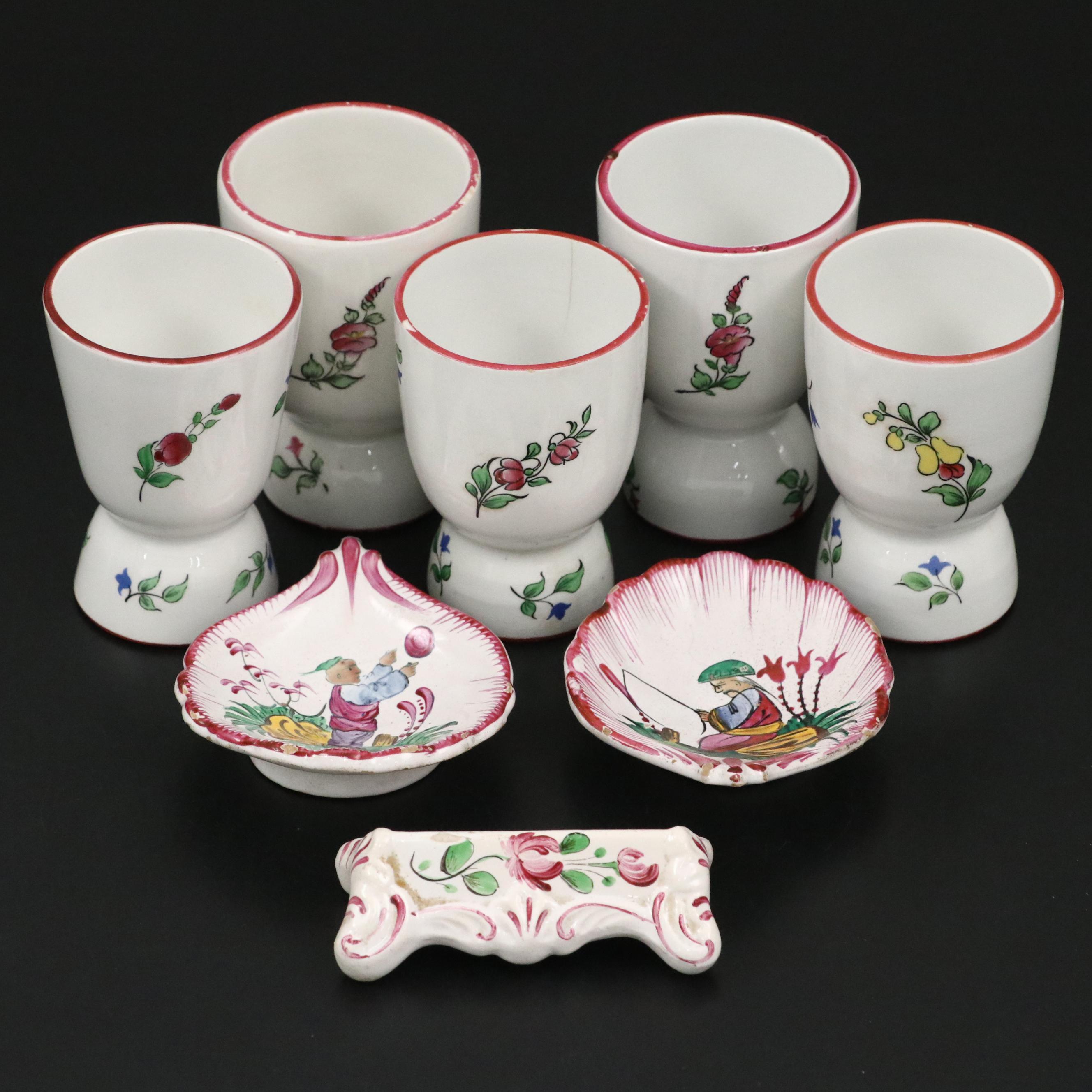 Antique Luneville French Egg Cups, Dishes and Utensil Rest