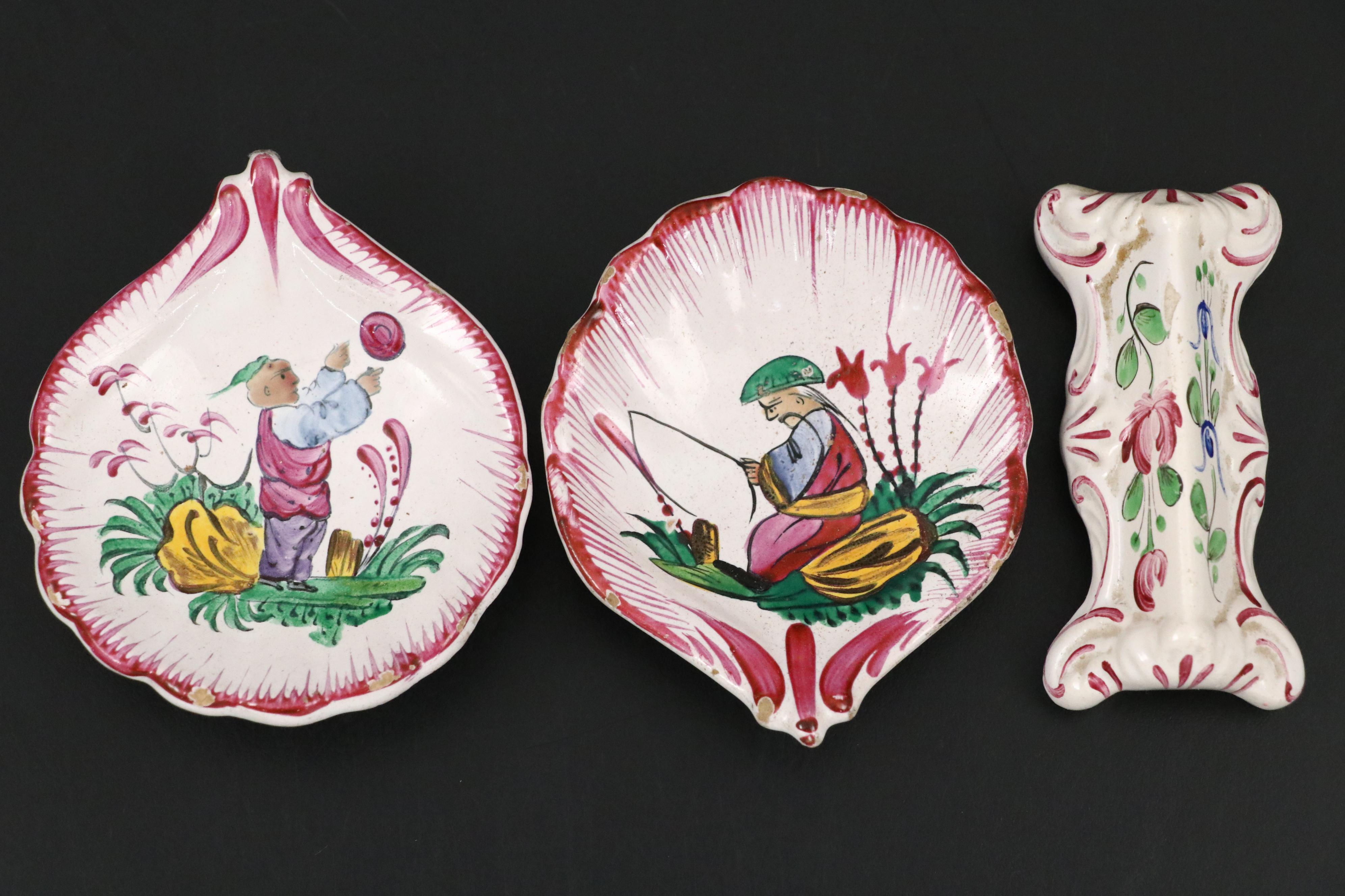 Antique Luneville French Egg Cups, Dishes and Utensil Rest