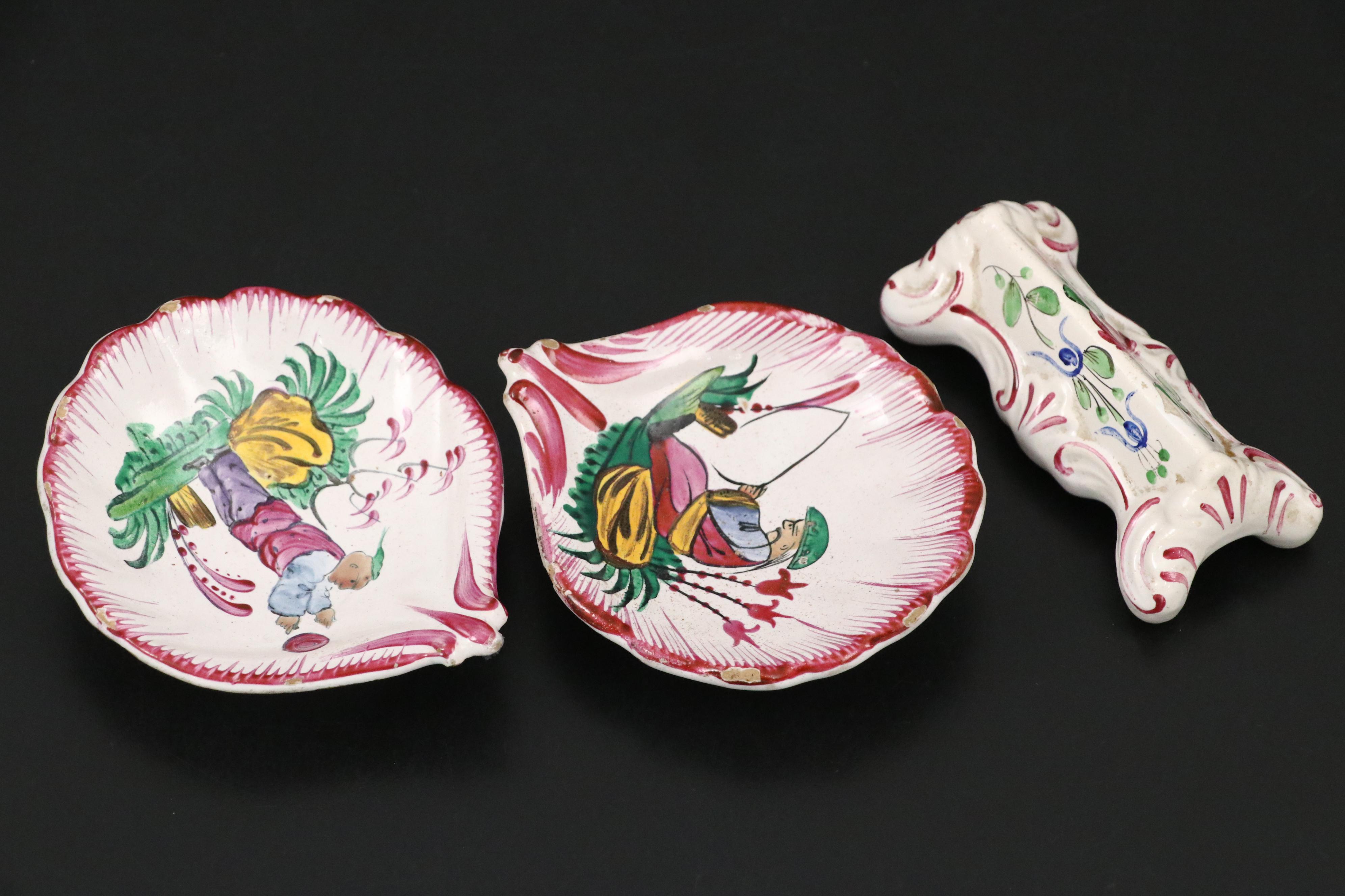 Antique Luneville French Egg Cups, Dishes and Utensil Rest