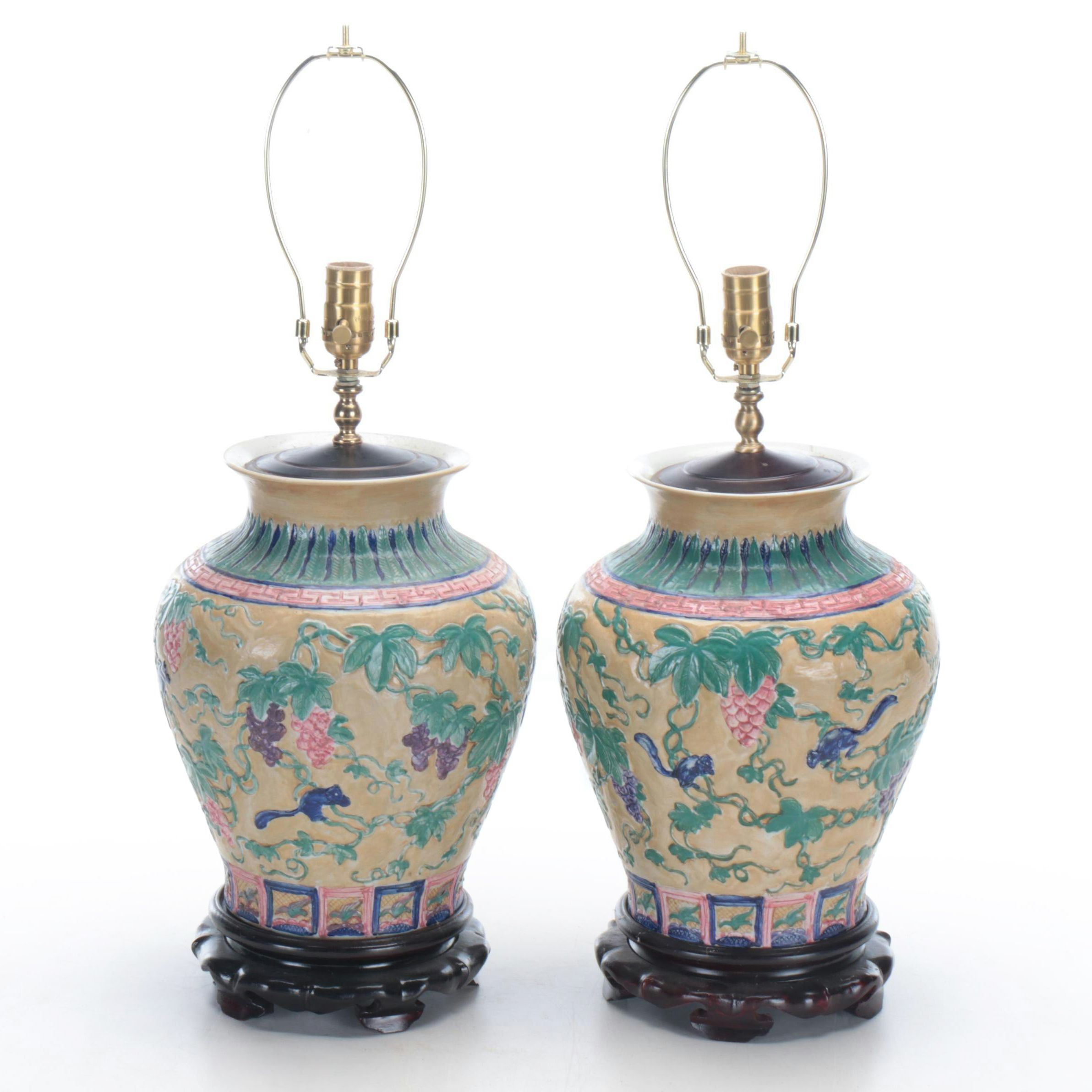 Pair of Majolica Style Vase Table Lamps, Vintage