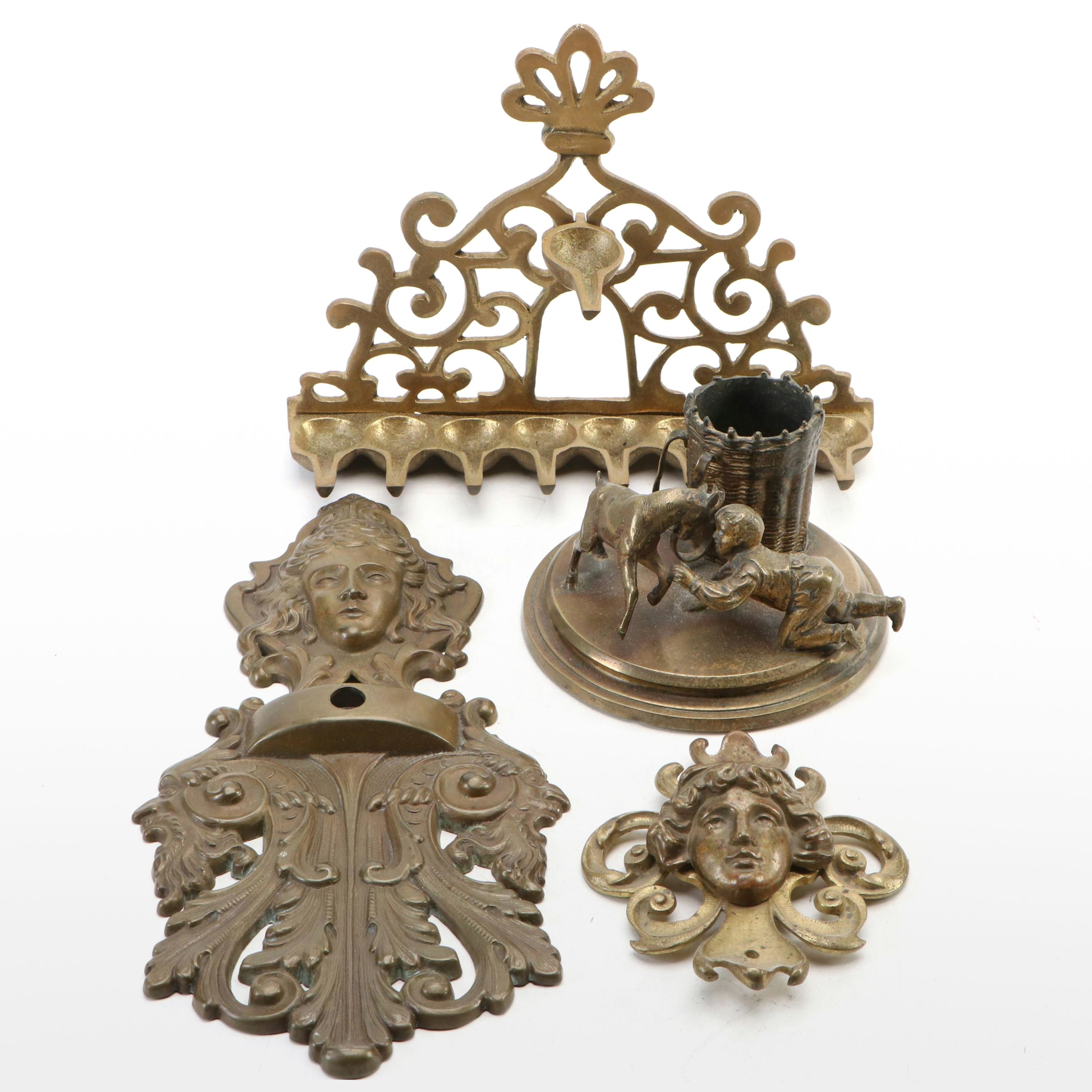 Art Nouveau Style Brass Wall Ornaments with Israel Museum Menorah and Pen Holder