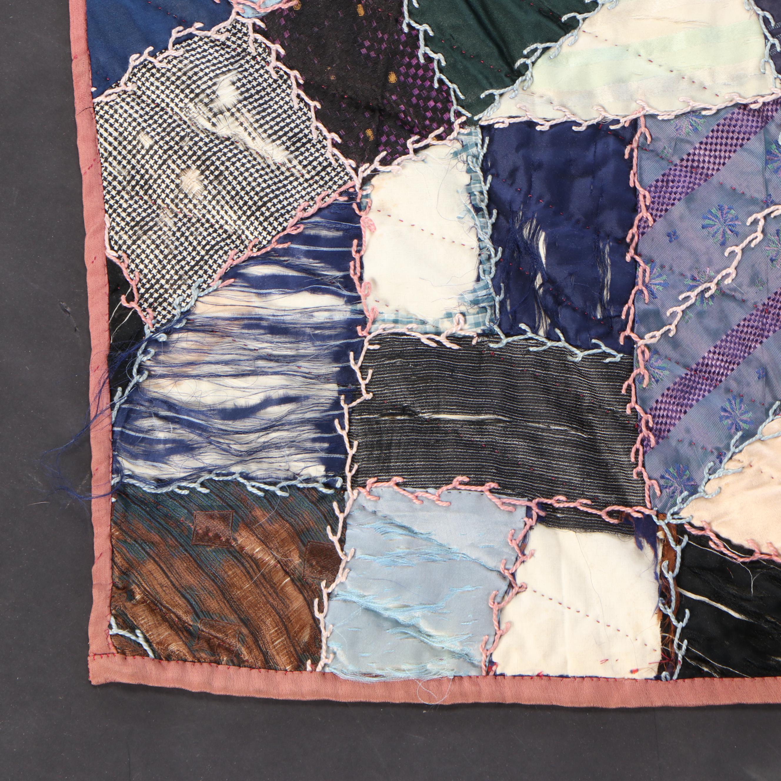 Victorian Handmade "Crazy Quilt" Appliqué and Embroidered Quilt
