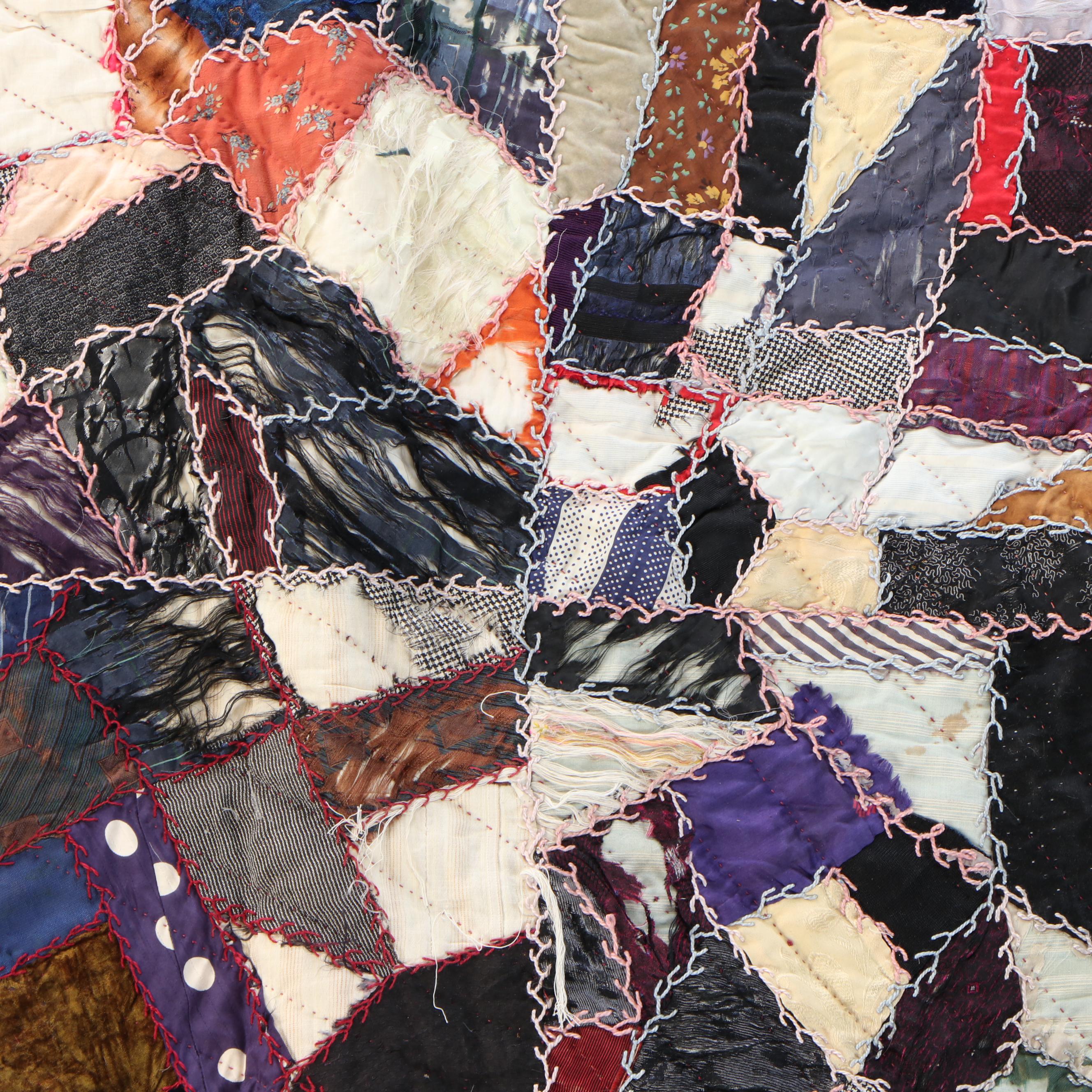 Victorian Handmade "Crazy Quilt" Appliqué and Embroidered Quilt
