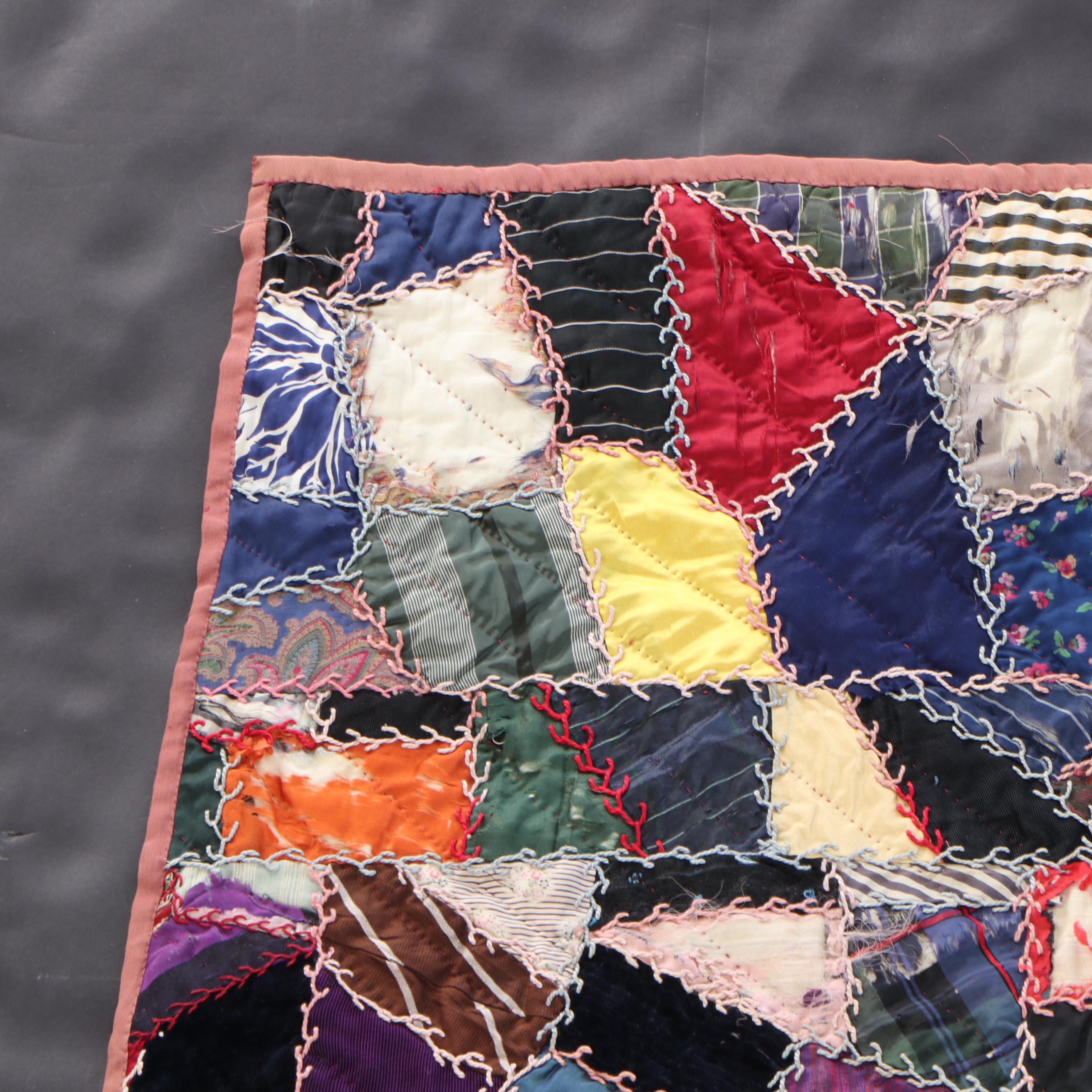 Victorian Handmade "Crazy Quilt" Appliqué and Embroidered Quilt