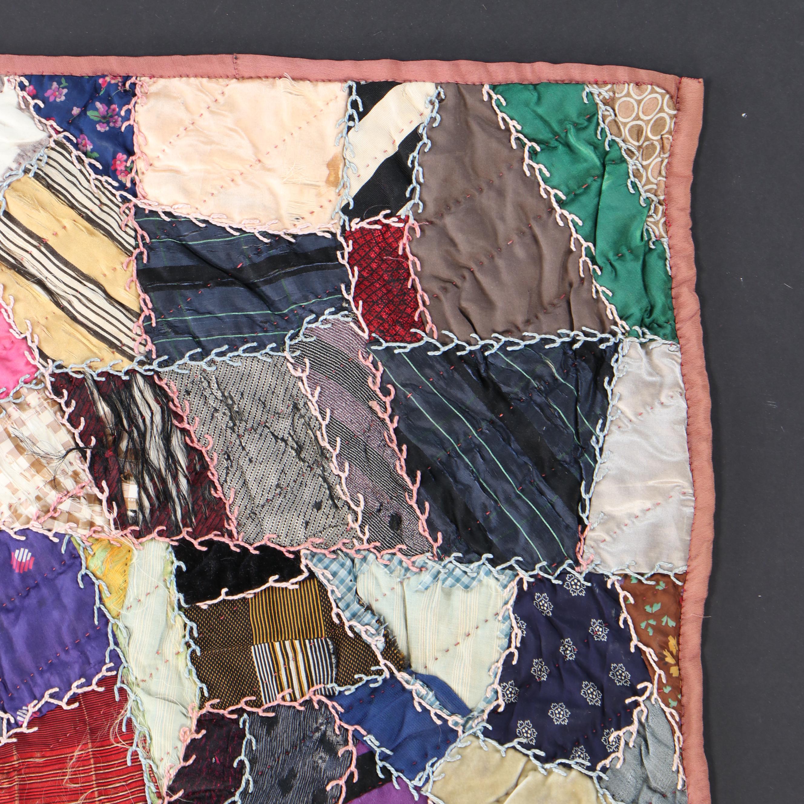 Victorian Handmade "Crazy Quilt" Appliqué and Embroidered Quilt