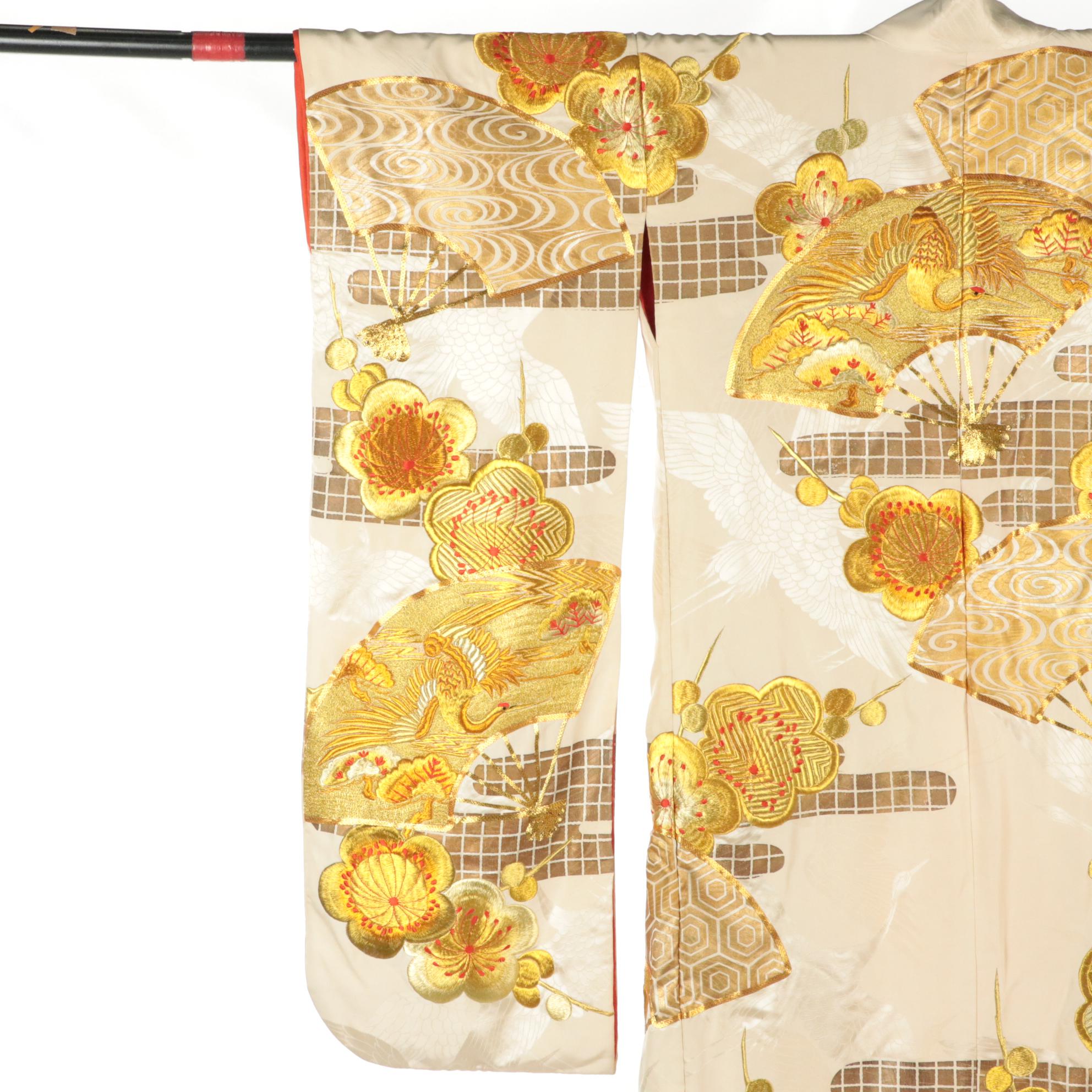 Japanese Uchikake Wedding Kimono in Gold Floral Embroidered Brocade Silk