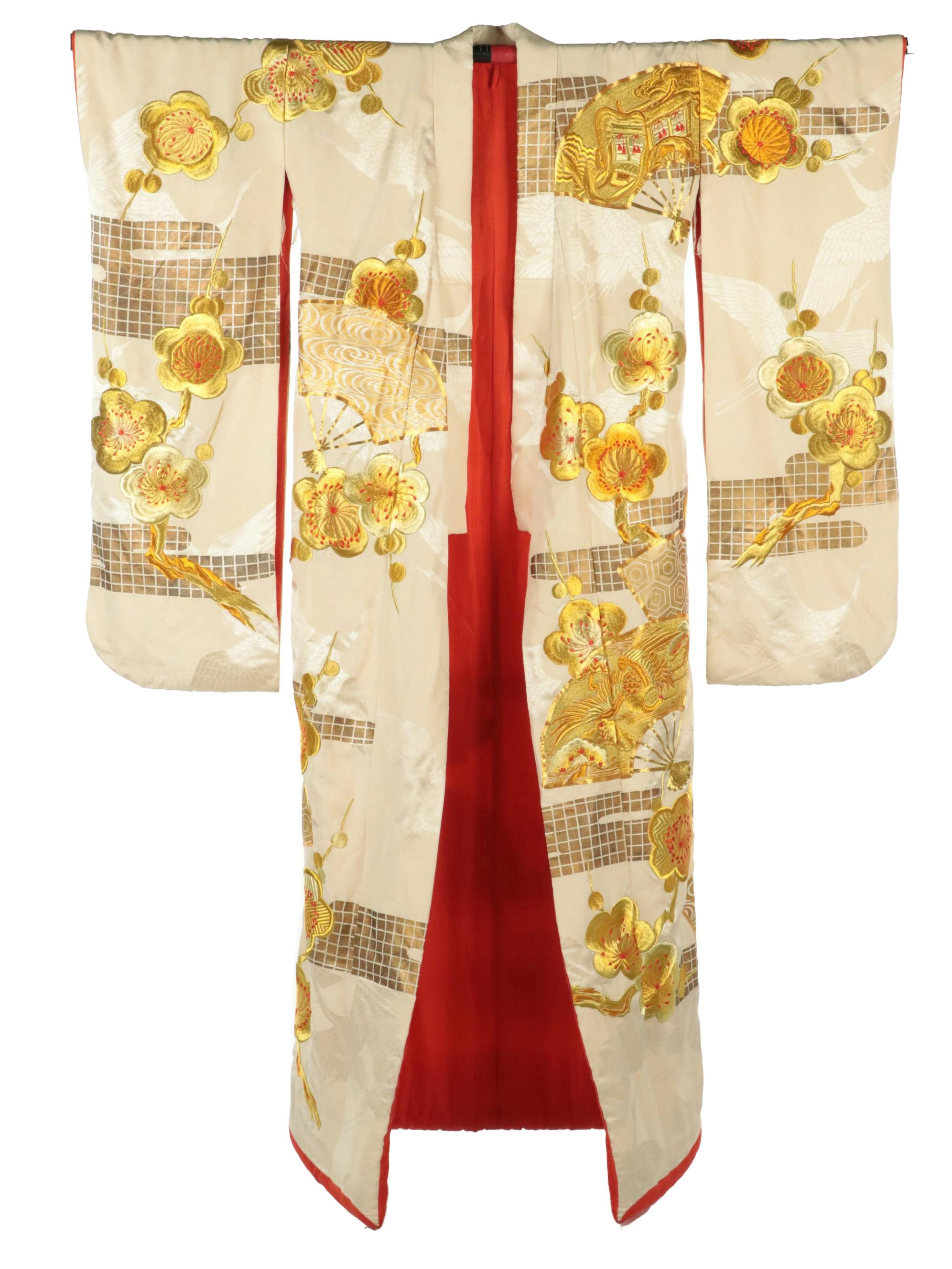 Japanese Uchikake Wedding Kimono in Gold Floral Embroidered Brocade Silk