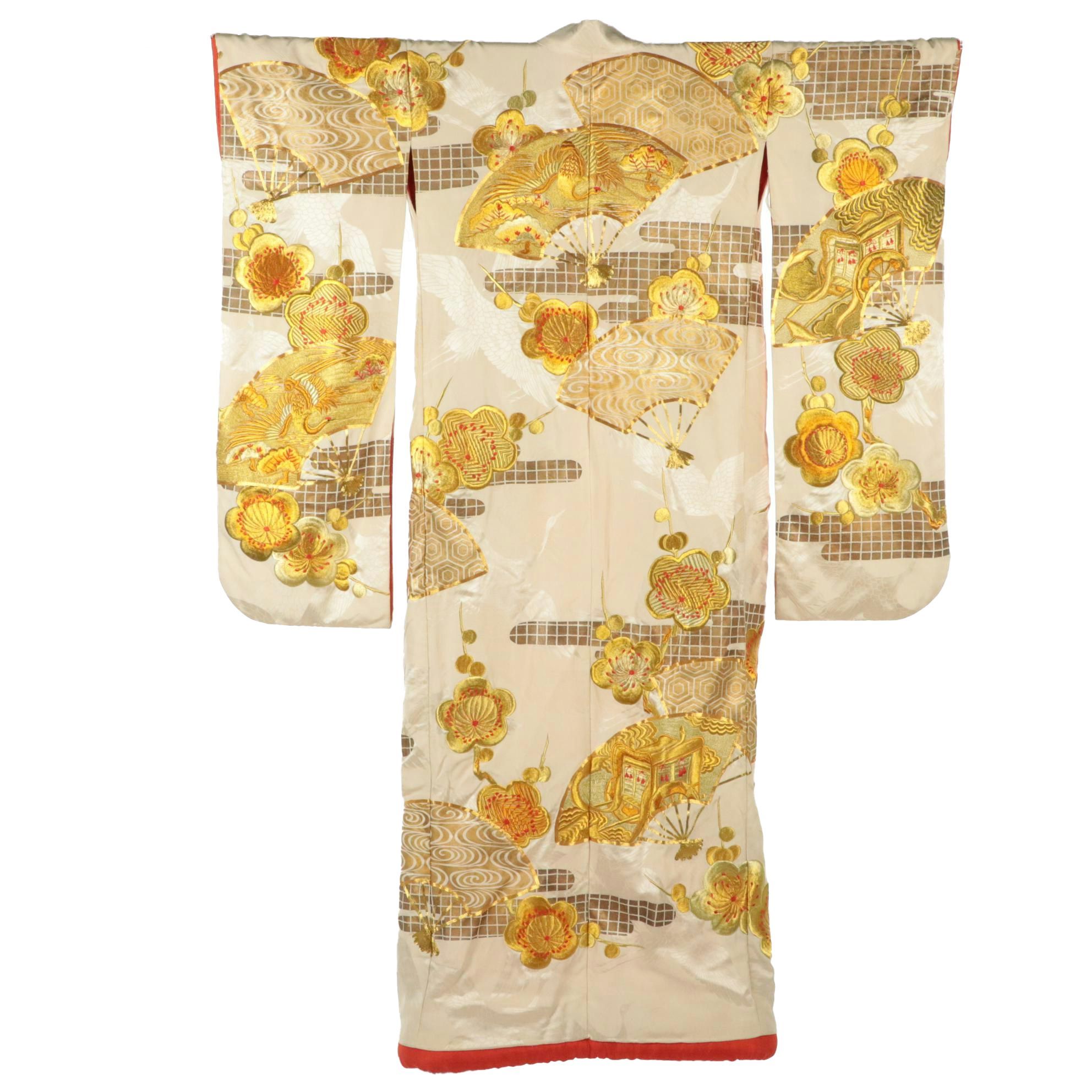 Japanese Uchikake Wedding Kimono in Gold Floral Embroidered Brocade Silk