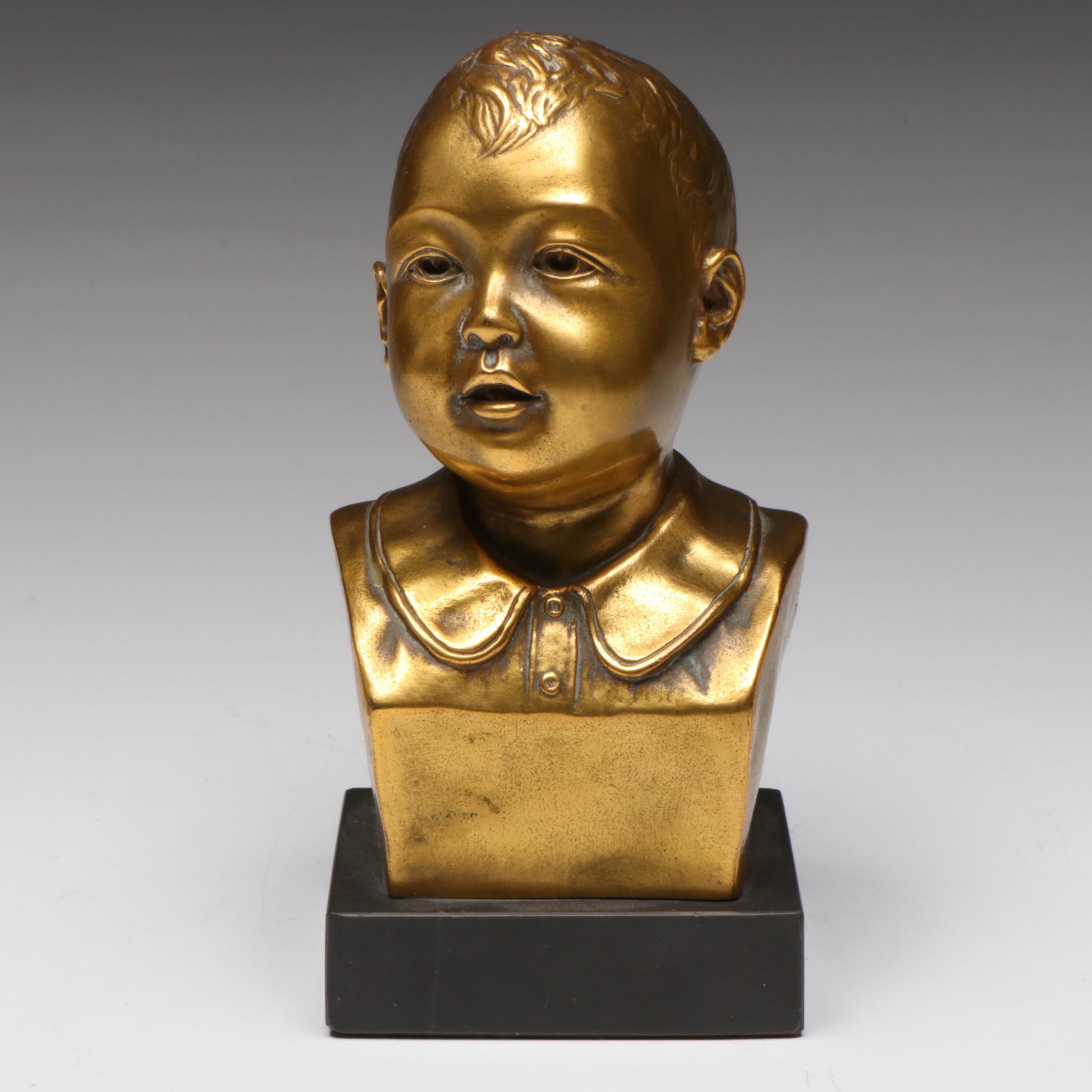 Adolph Silver Brass Bust of Young Boy, 1937