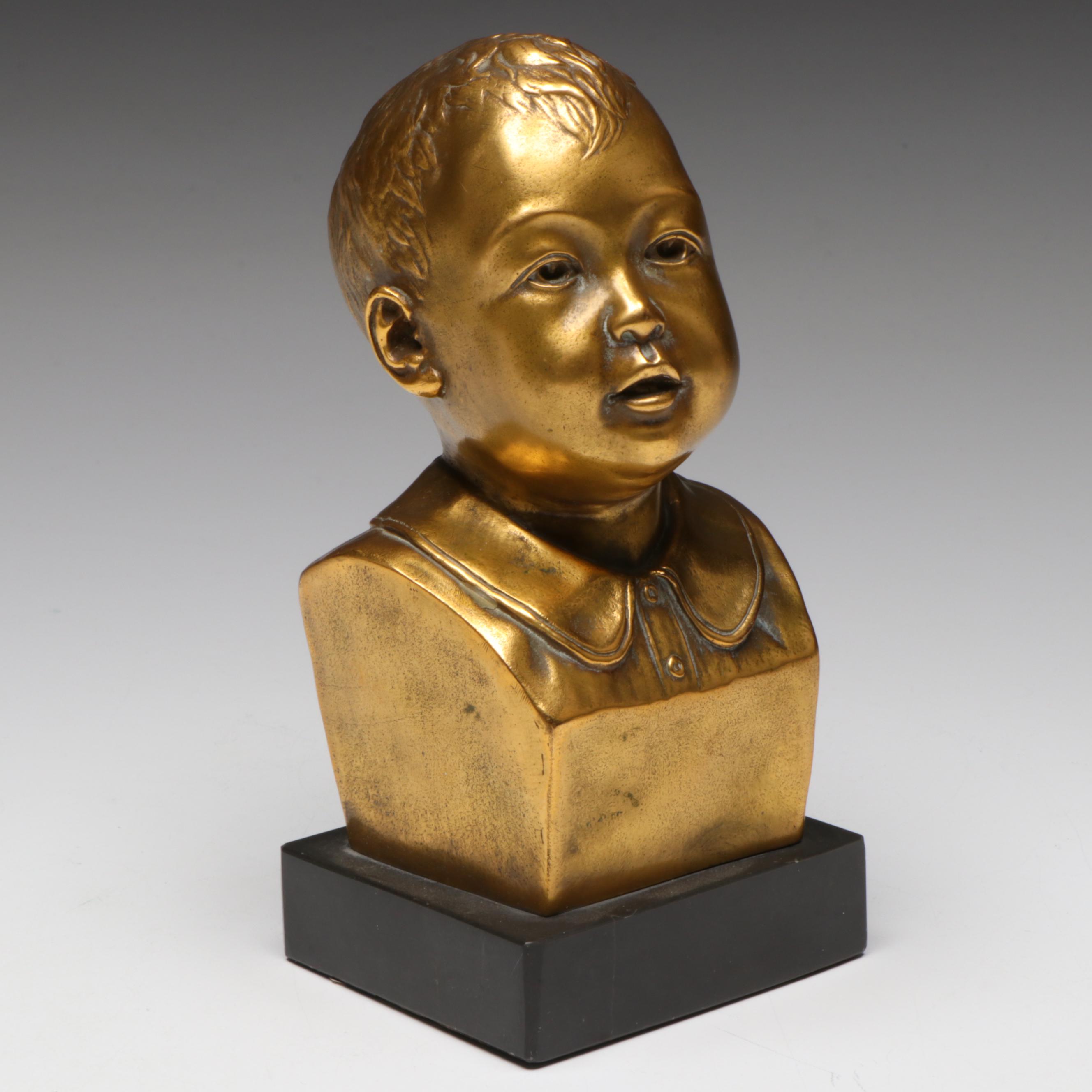 Adolph Silver Brass Bust of Young Boy, 1937